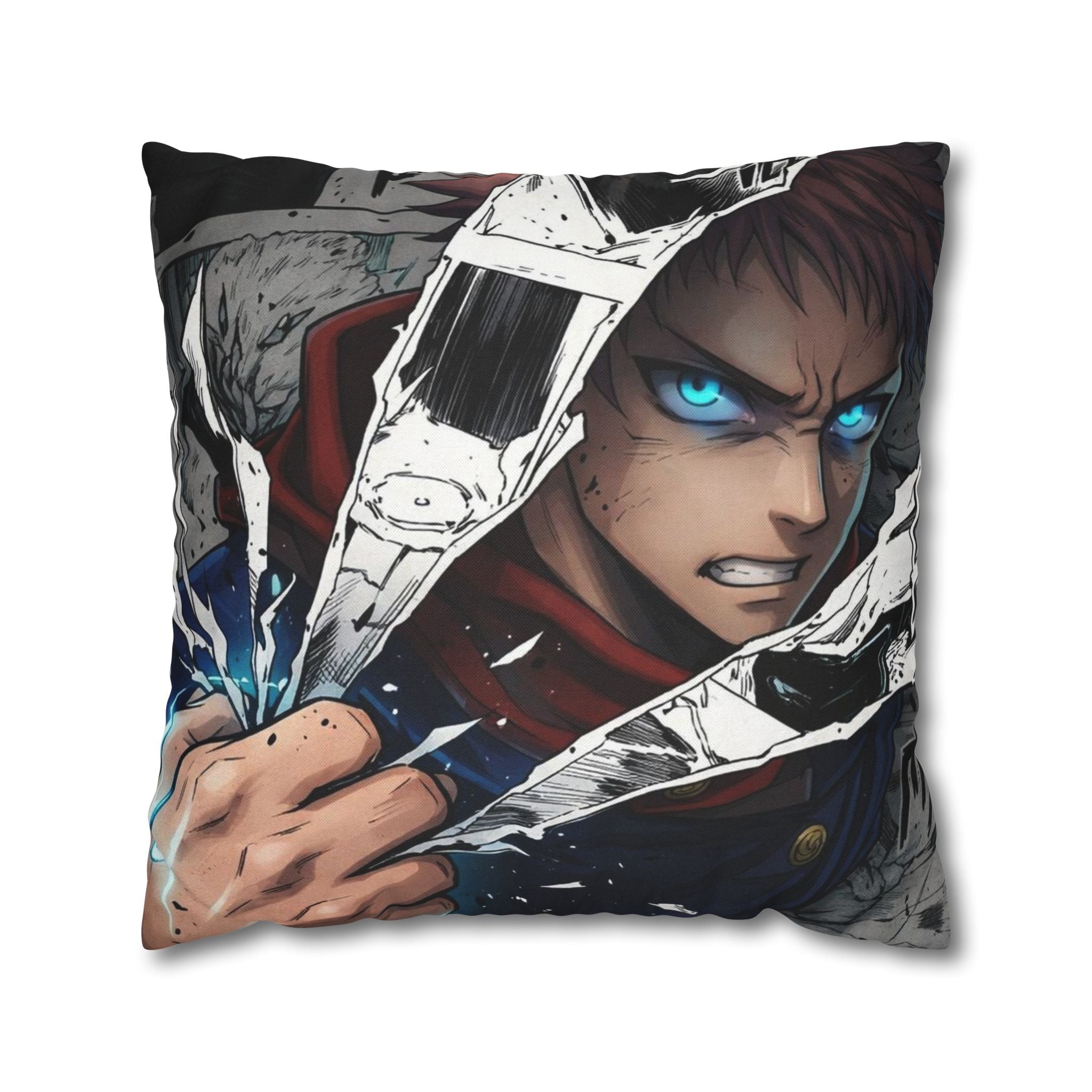 Angry Anime Warrior Spun Polyester Square Pillowcase | Blue Glowing Eyes