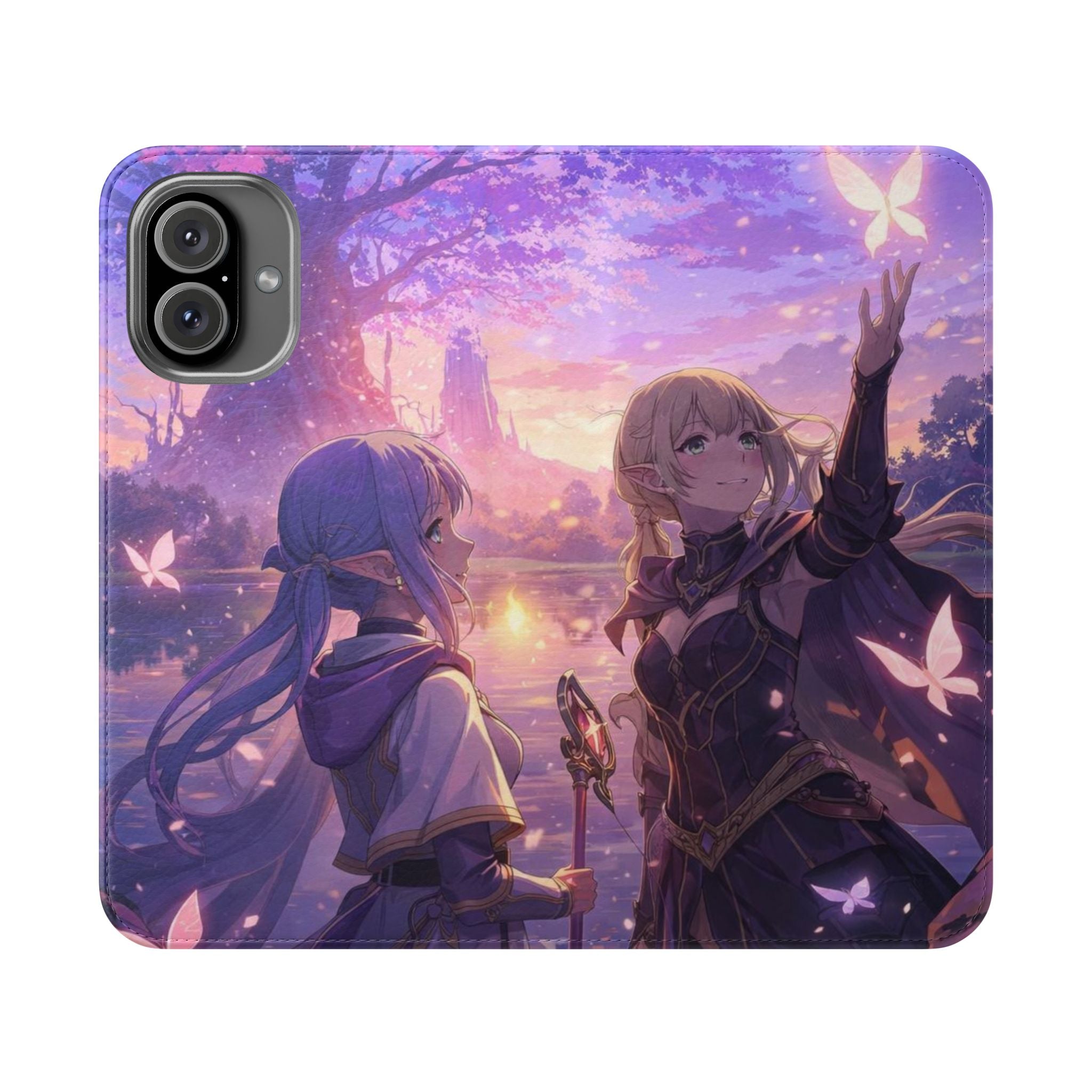 Anime Landscape Flip Phone Case — Fantasy Sunset Genshin-Style Wallet Cover