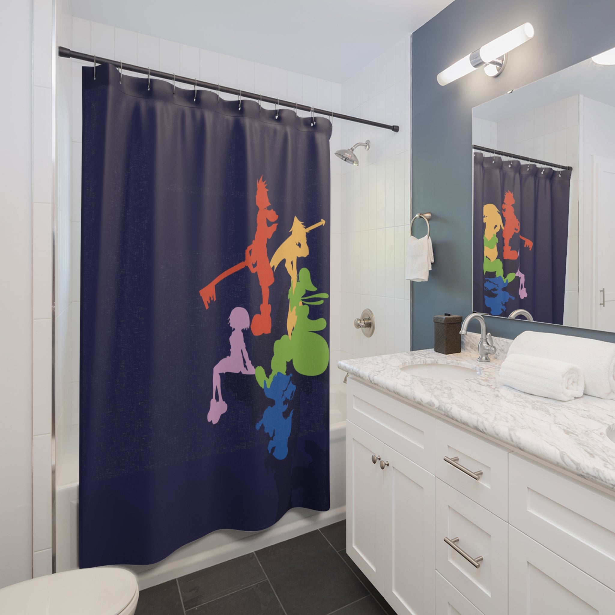 Rainbow Video Game Silhouettes Shower Curtain | Navy Bathroom Decor