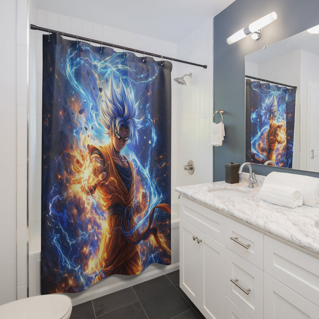 Blue Flame Super Warrior Shower Curtain | Anime warrior Bathroom Decor