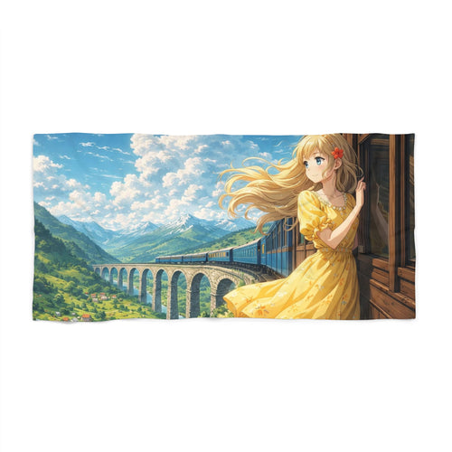Anime Summer Beach Towel — Girl in Yellow Dress Train Scene