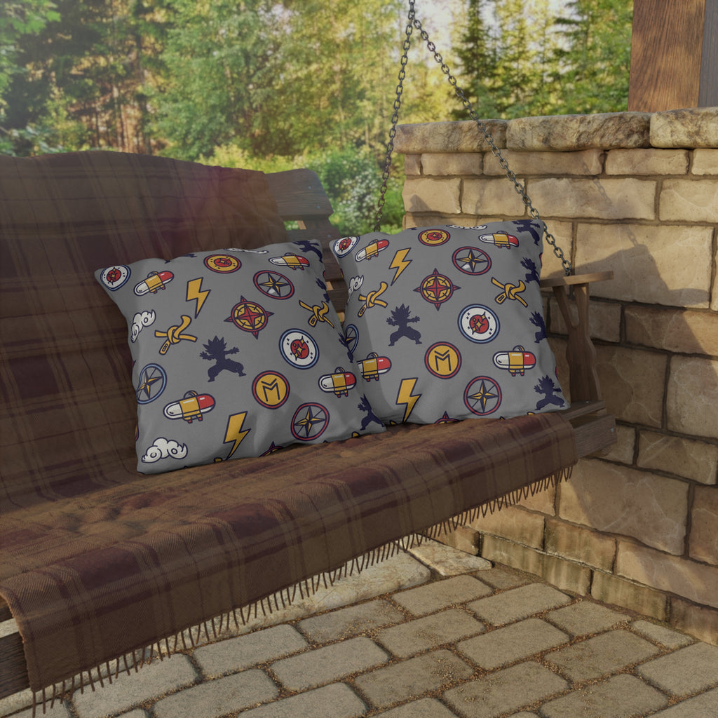 Adventure Icons Outdoor Pillow — Compass, Lightning & Explorer Patch Pattern