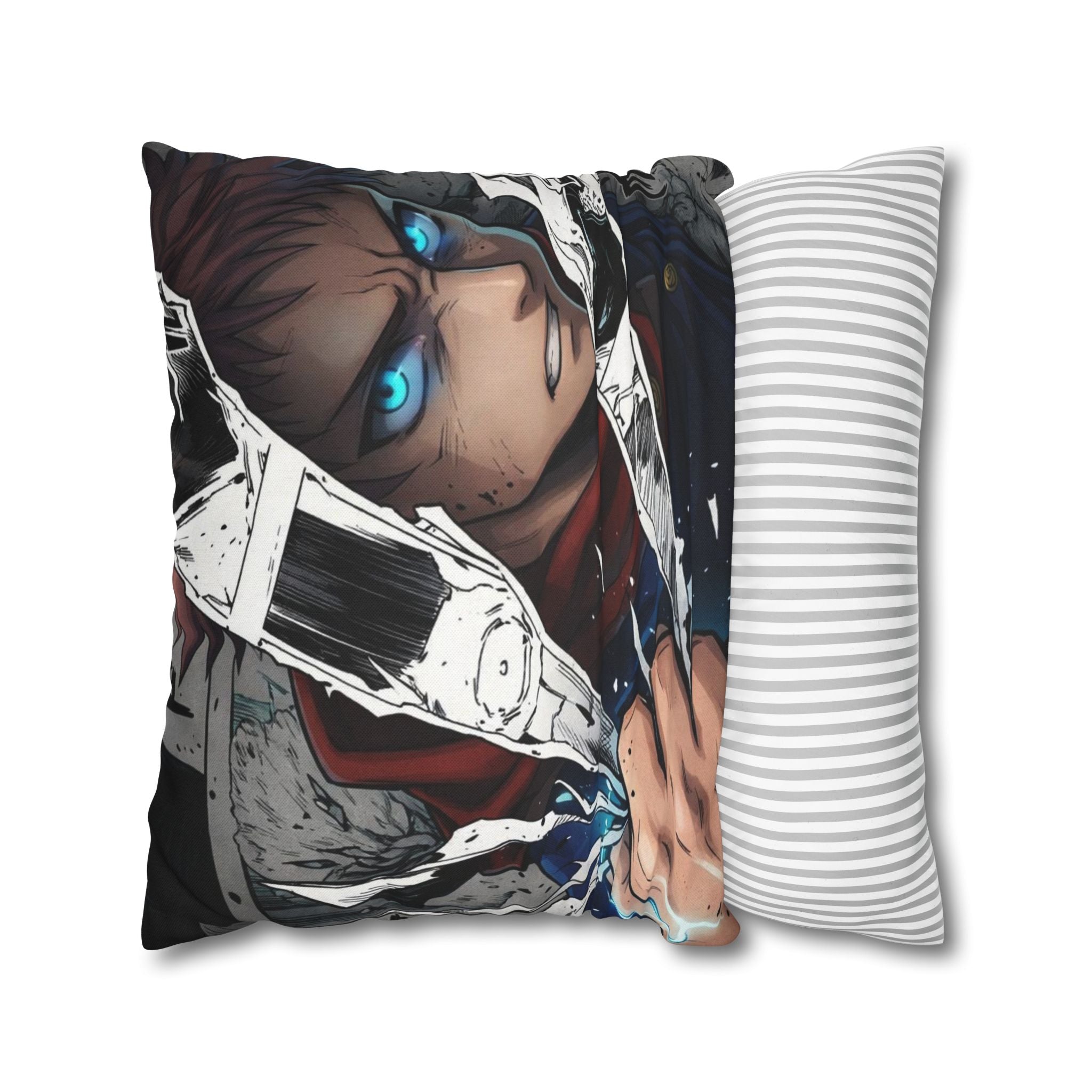 Angry Anime Warrior Spun Polyester Square Pillowcase | Blue Glowing Eyes