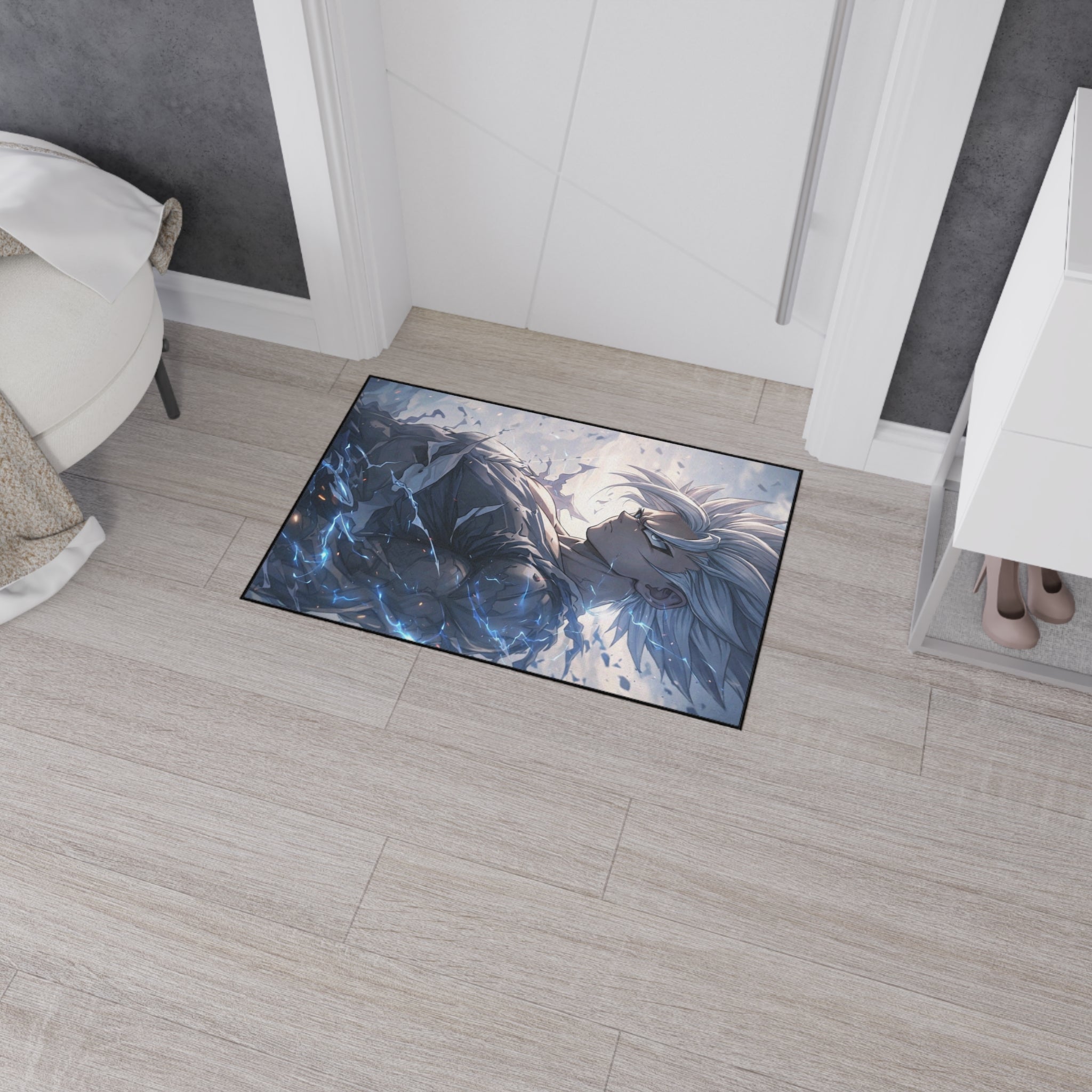 White-Haired Anime Warrior floor mat | Gaming Room Decor, Non-Slip Rug