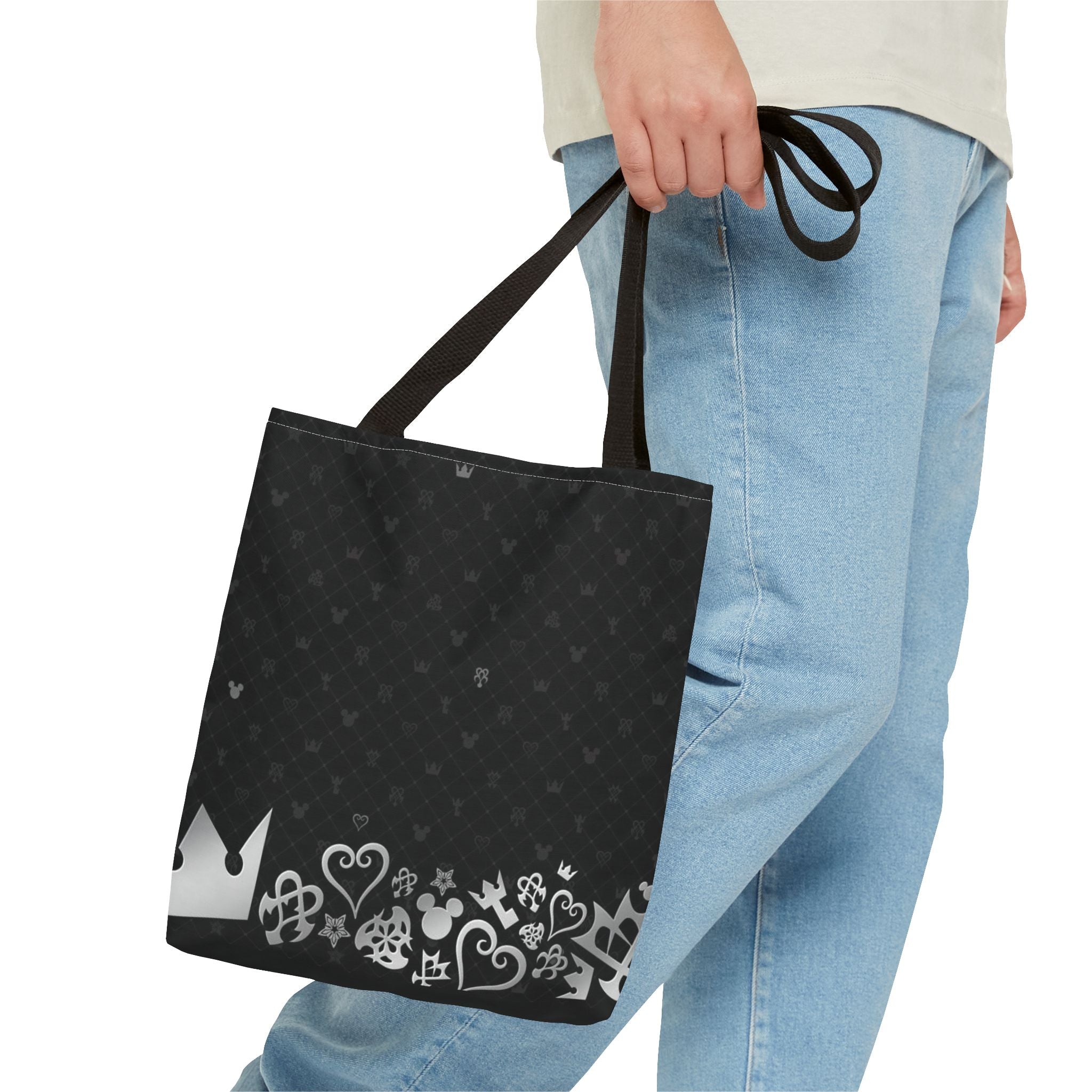 Black Heart Pattern Crown Tote Bag | Floral Border
