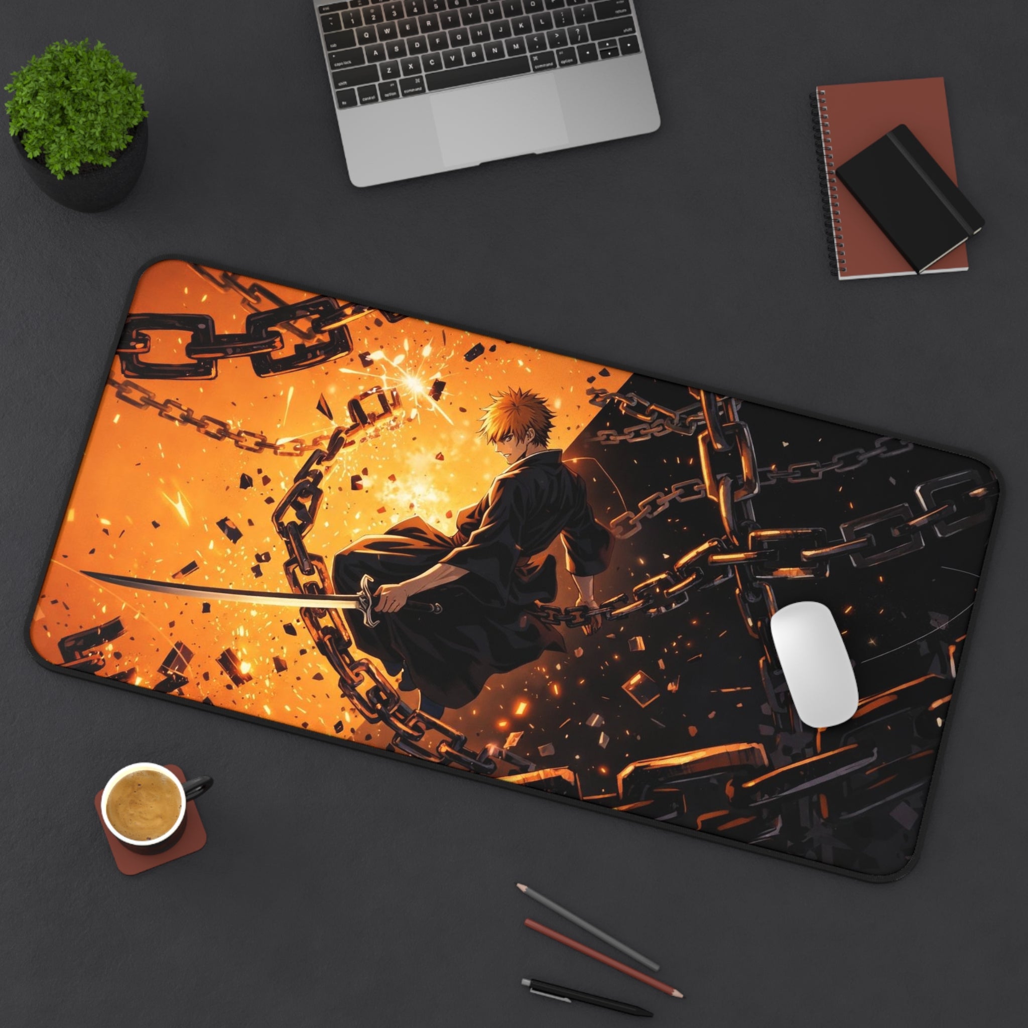 Anime Sword Warrior Desk Mat — Fiery Chains Gaming Mouse Pad