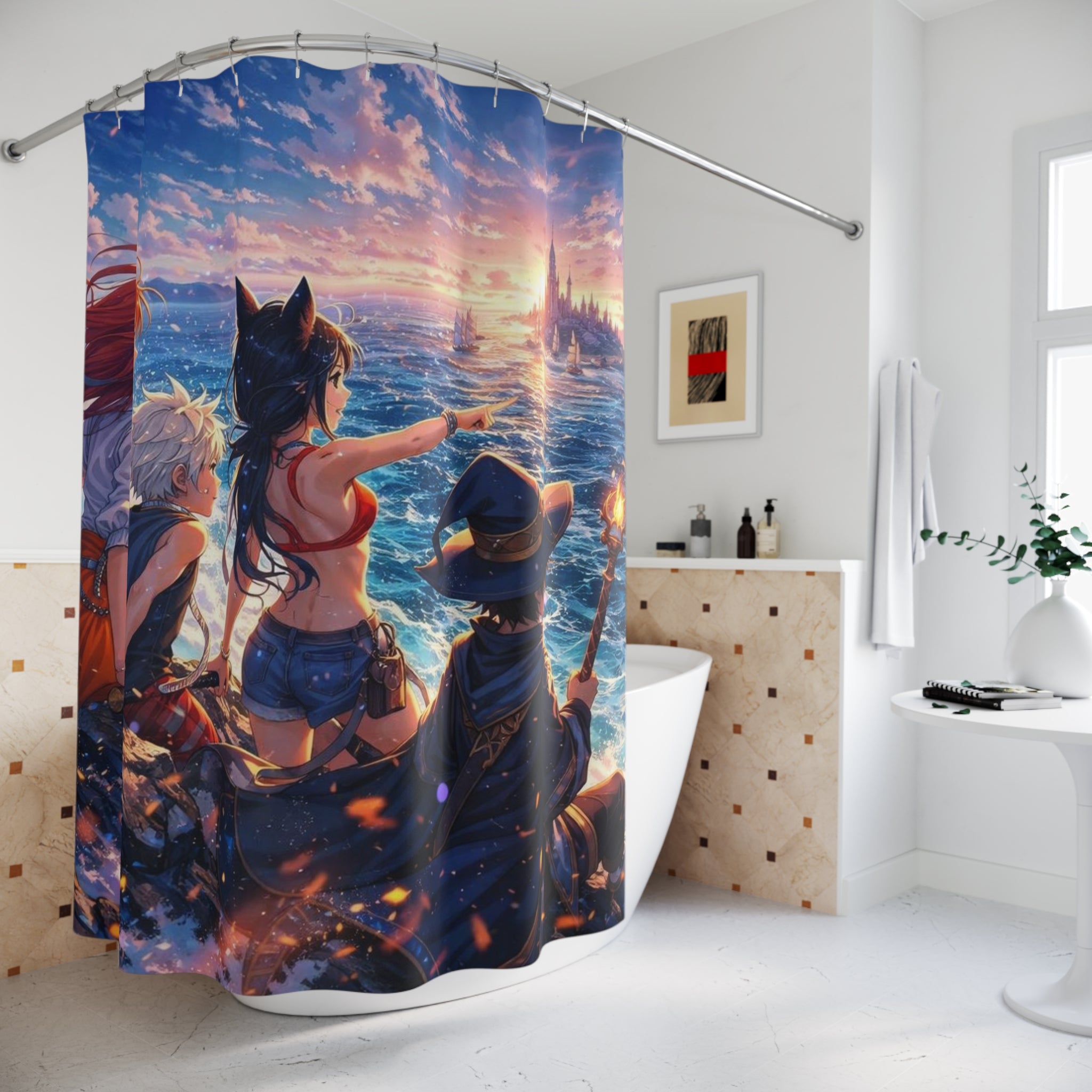 Anime Beach Sunset Crew Shower Curtain | Fantasy Ocean Scene