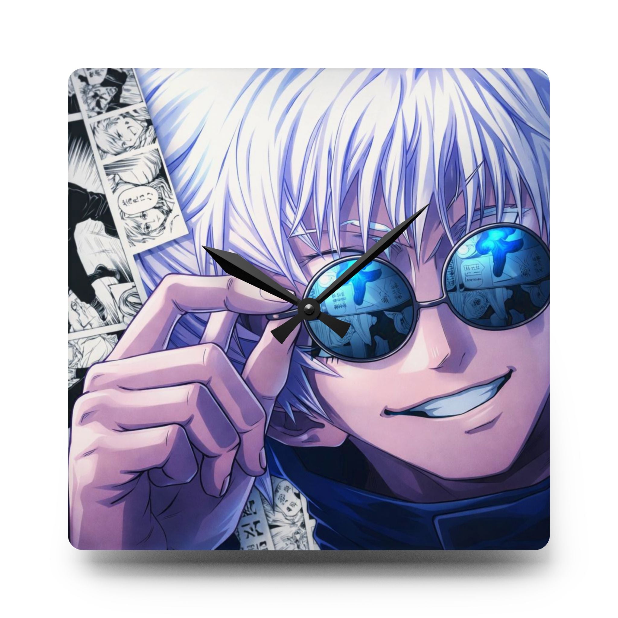 Anime Smiling Silver-Haired Character Acrylic Wall Clock | Manga Panel Background