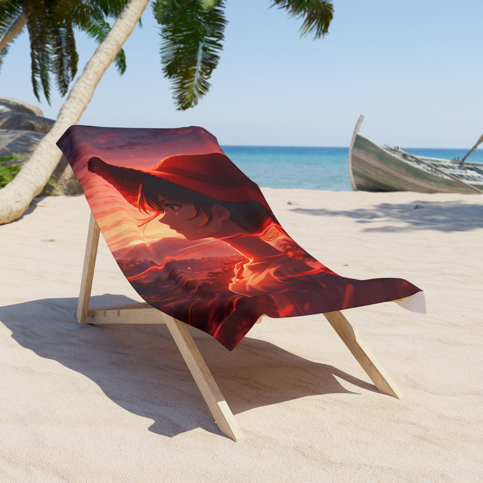 Sunset Anime Beach Towel — Silhouette with Straw Hat