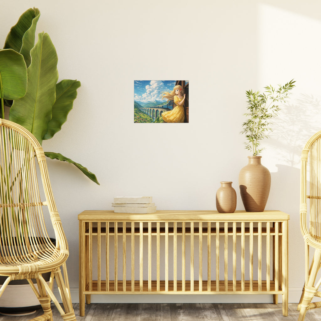 Anime Girl Train Window Foam Board Print — Scenic Summer Landscape Wall Art