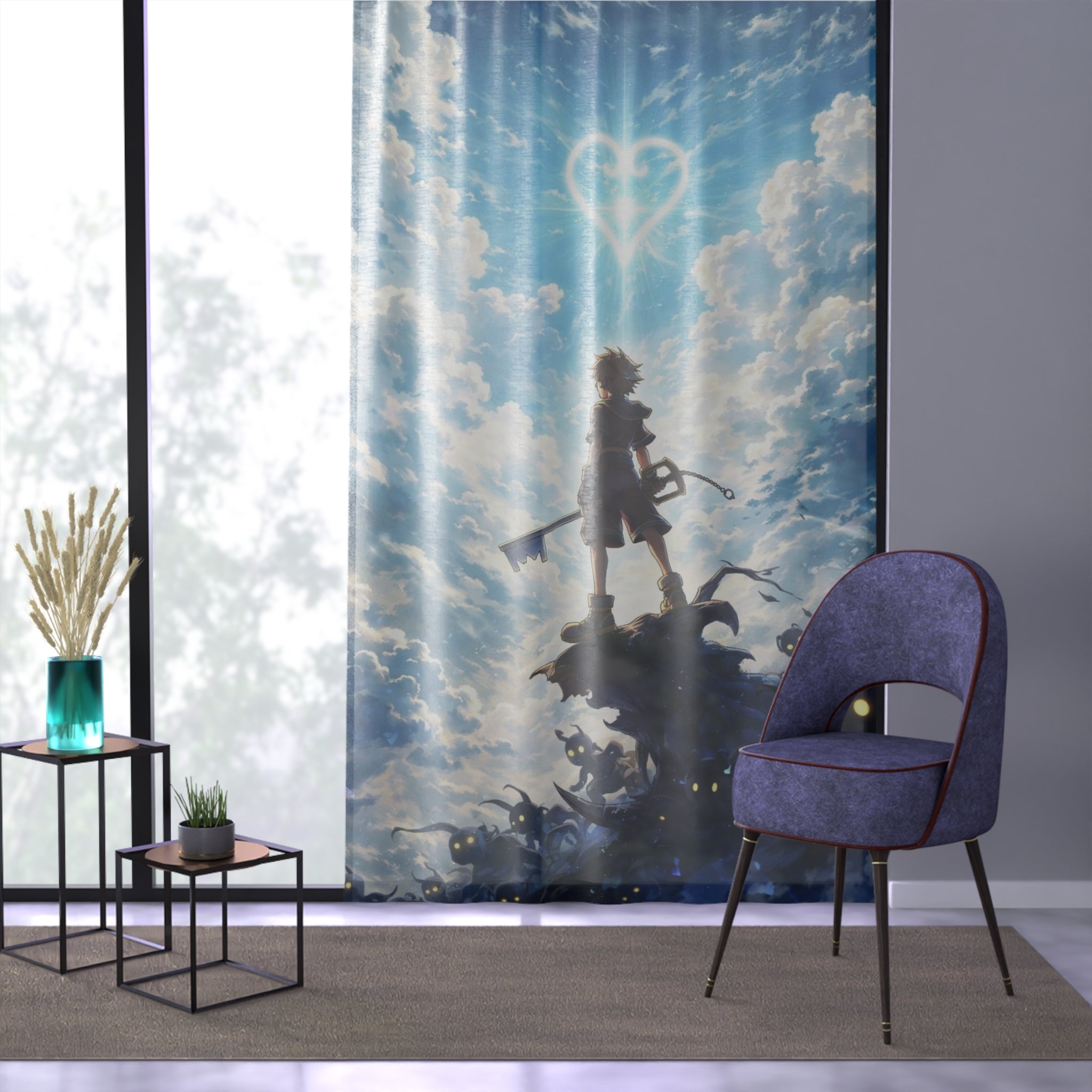 Window Curtain - Fantasy Hero Silhouette with Keyblade & Heart Nebula Sky