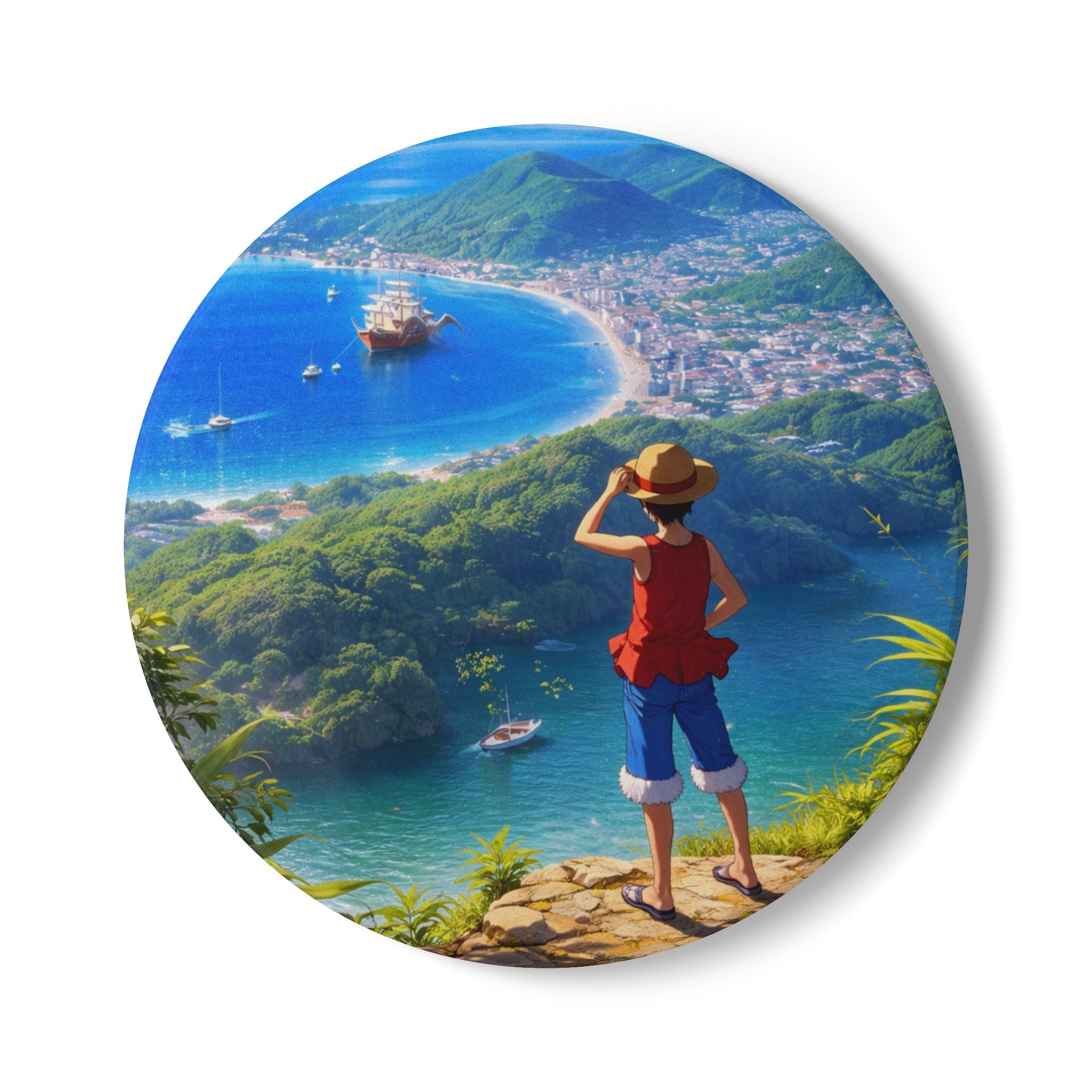 Explorer Boy Overlooking Bay ceramic coaster | coastal landscape, travel scene