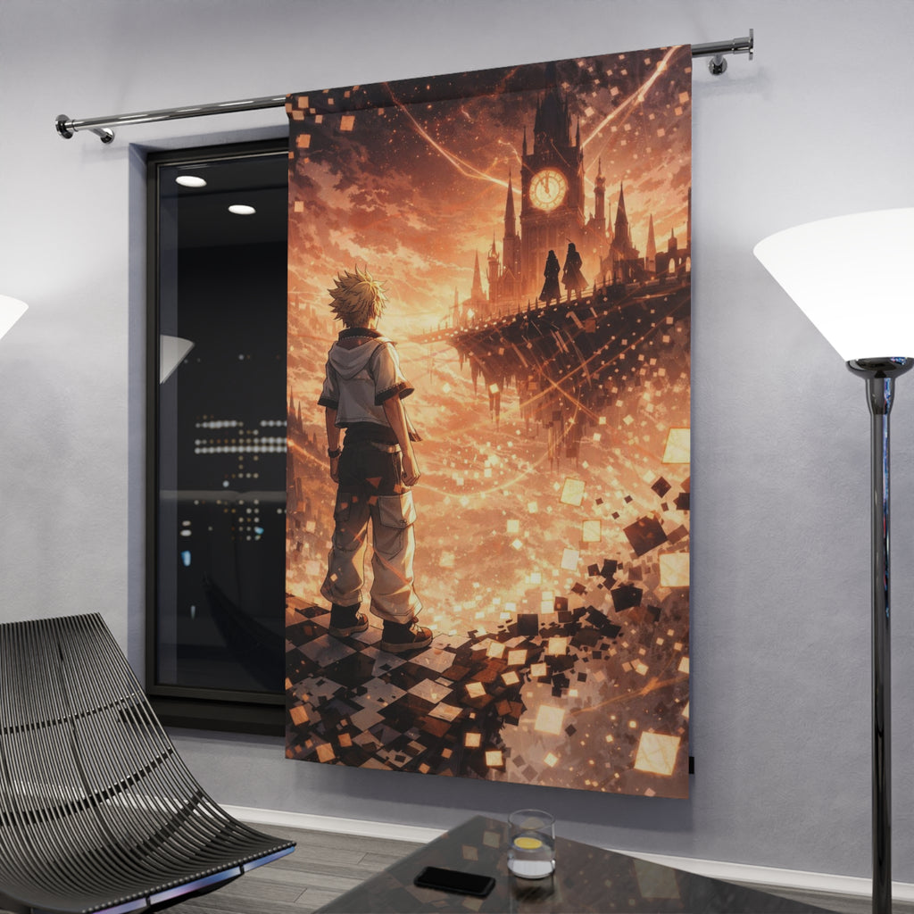 Fantasy Clocktower Scene Window Curtain | Anime-style Sunset Silhouette
