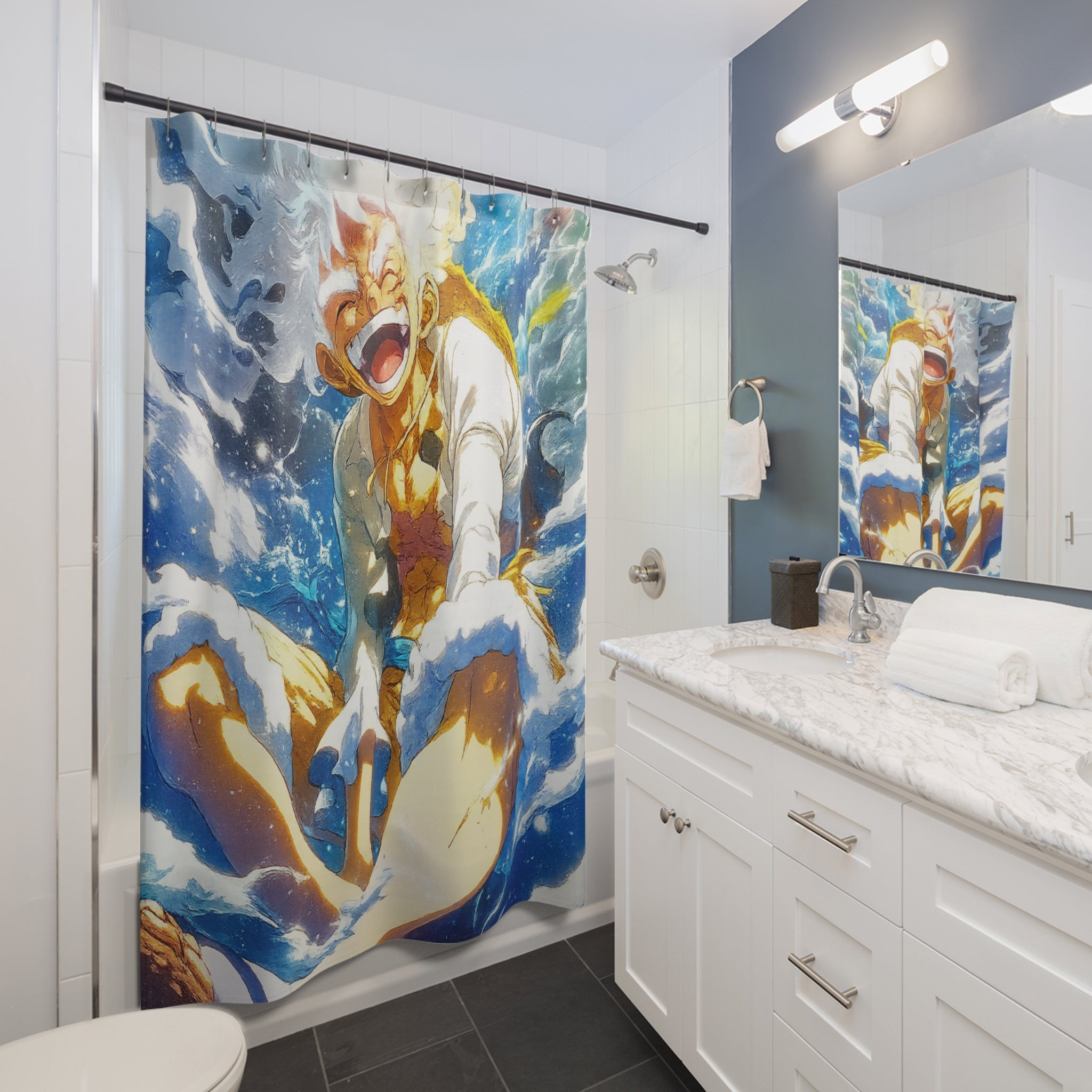 Laughing Pirate Captain shower curtain | anime ocean wave bathroom decor