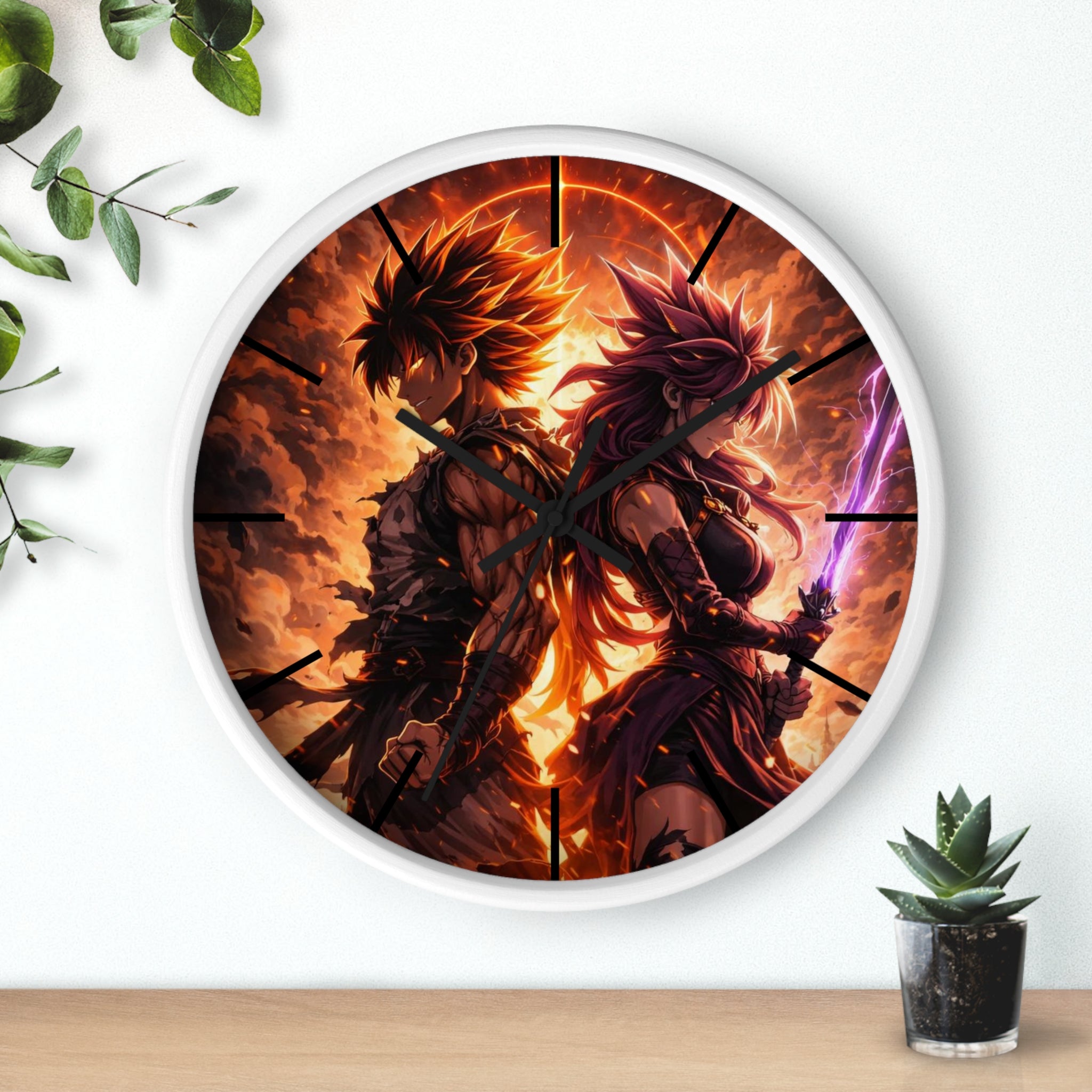 Fiery Warrior Duo Wall Clock | Fantasy Anime Swordfighters, Glowing Battle Scene