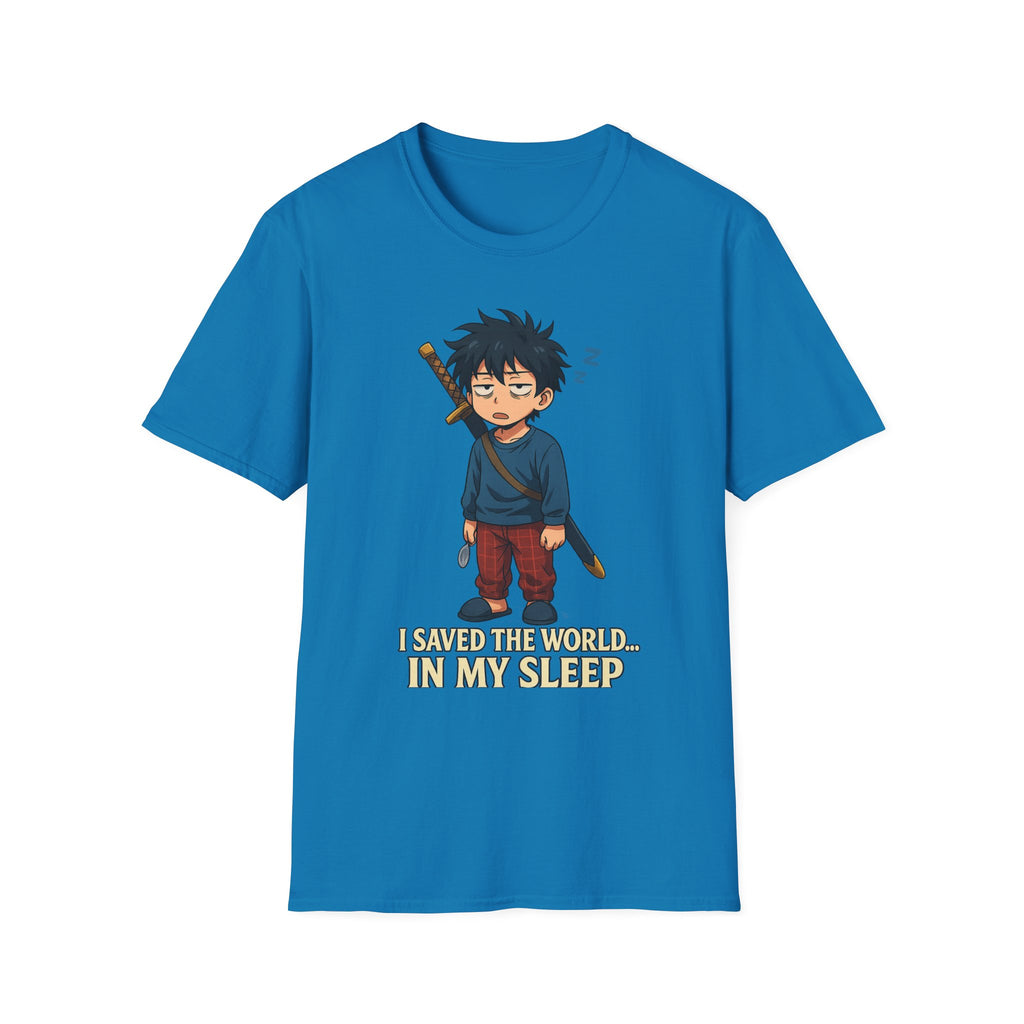 I Saved the World... In My Sleep Unisex Softstyle T-Shirt | Perfect for Sleep Lovers, Casual Wear, Gifts, Anime Fans, Fun Tee