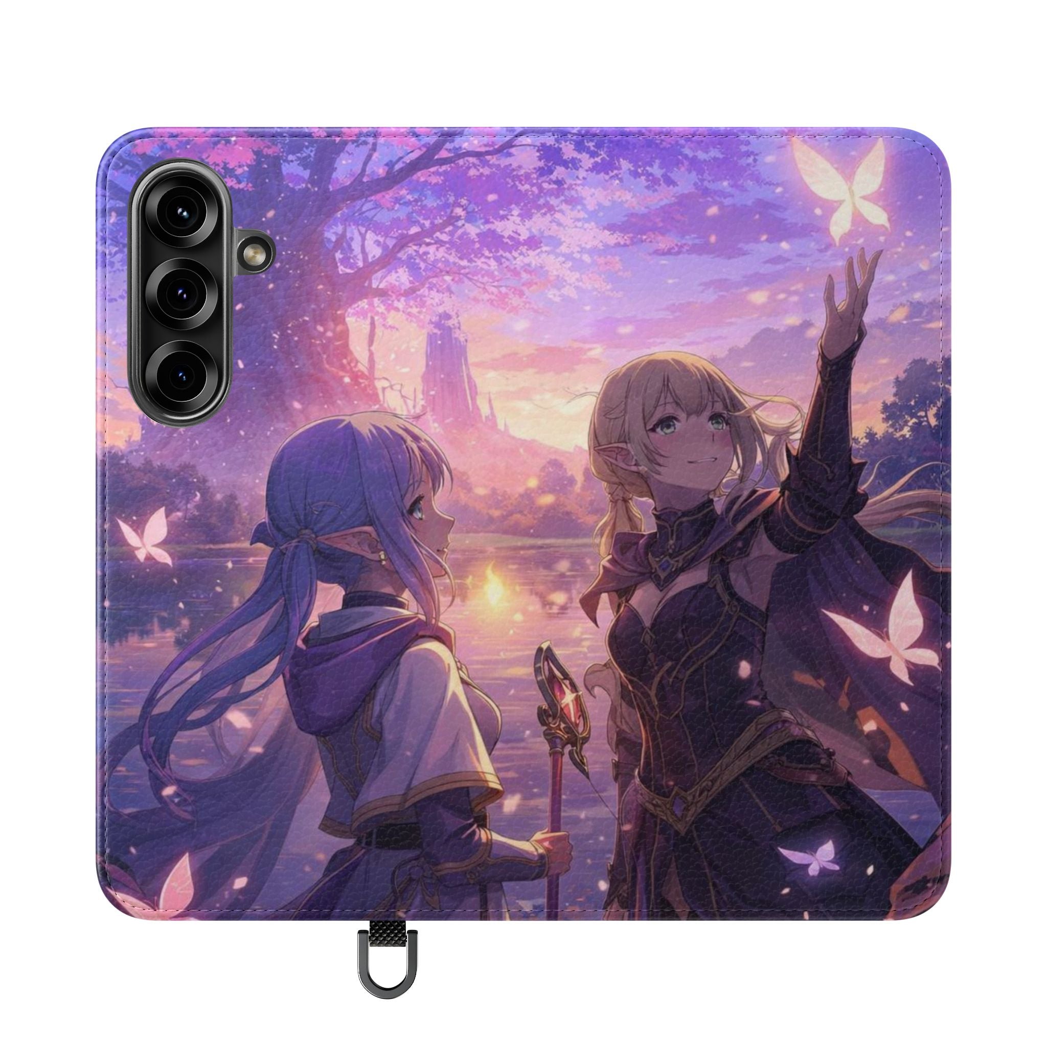 Anime Landscape Flip Phone Case — Fantasy Sunset Genshin-Style Wallet Cover