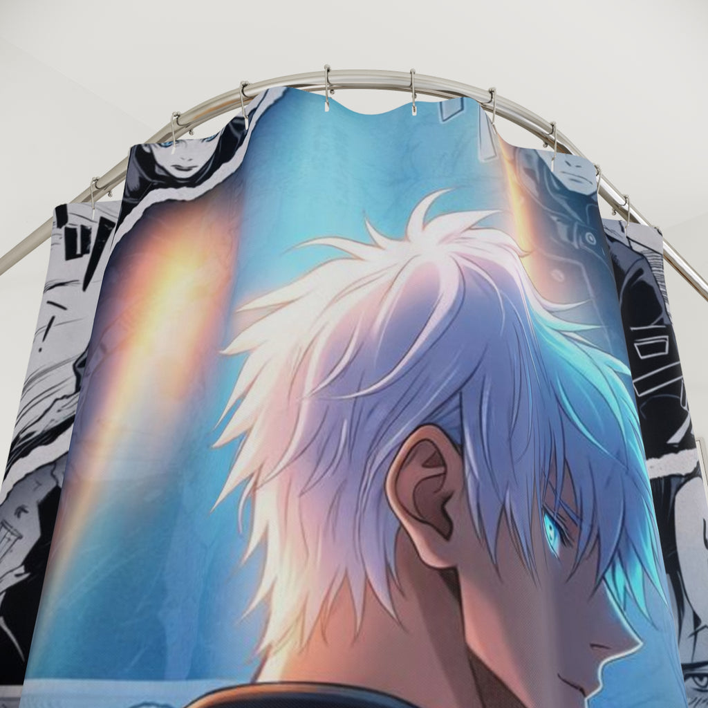 Anime Manga Character Shower Curtain | Blue-Haired Male, Comic Panel Design