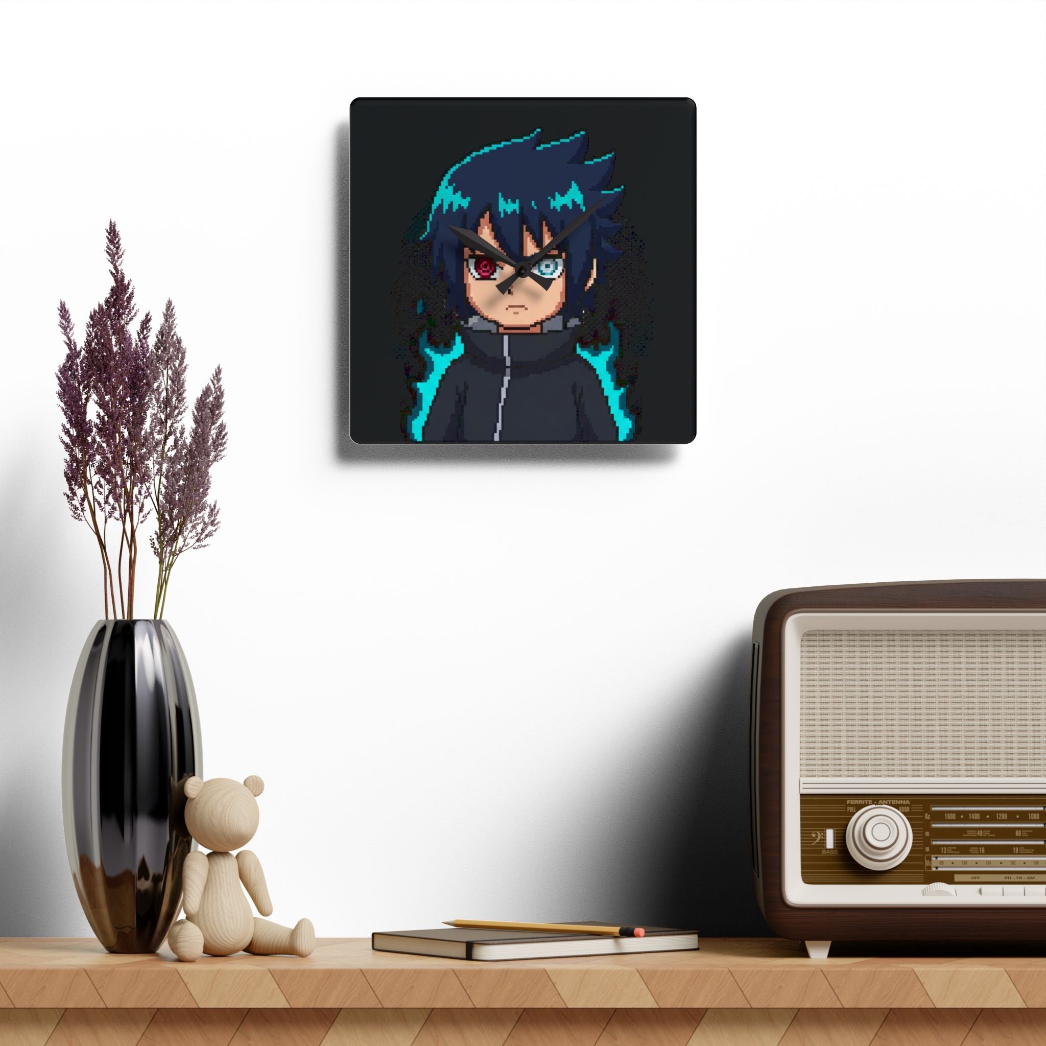 Pixel Anime Character Acrylic Wall Clock — Dual-Eye Neon Gamer Decor