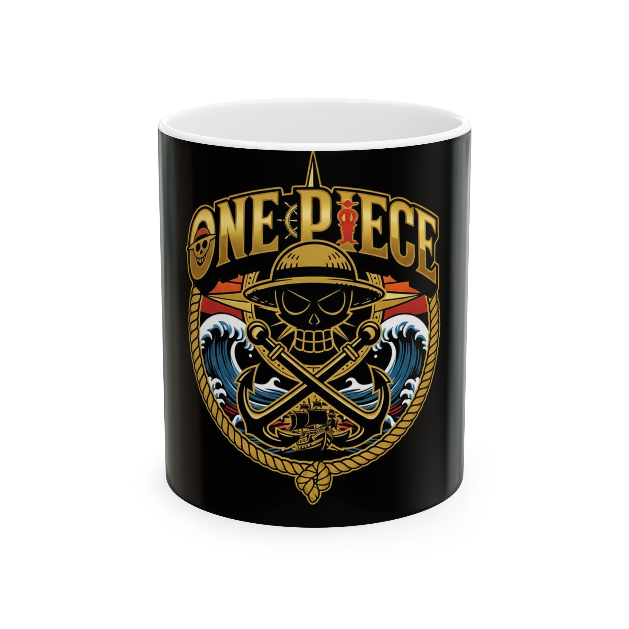 One Piece Straw Hat Skull Mug | Anime Pirate Logo, Nautical Waves