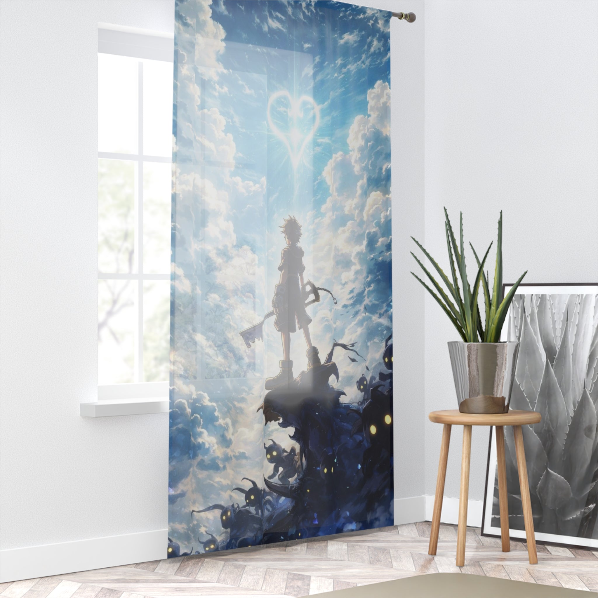 Window Curtain - Fantasy Hero Silhouette with Keyblade & Heart Nebula Sky