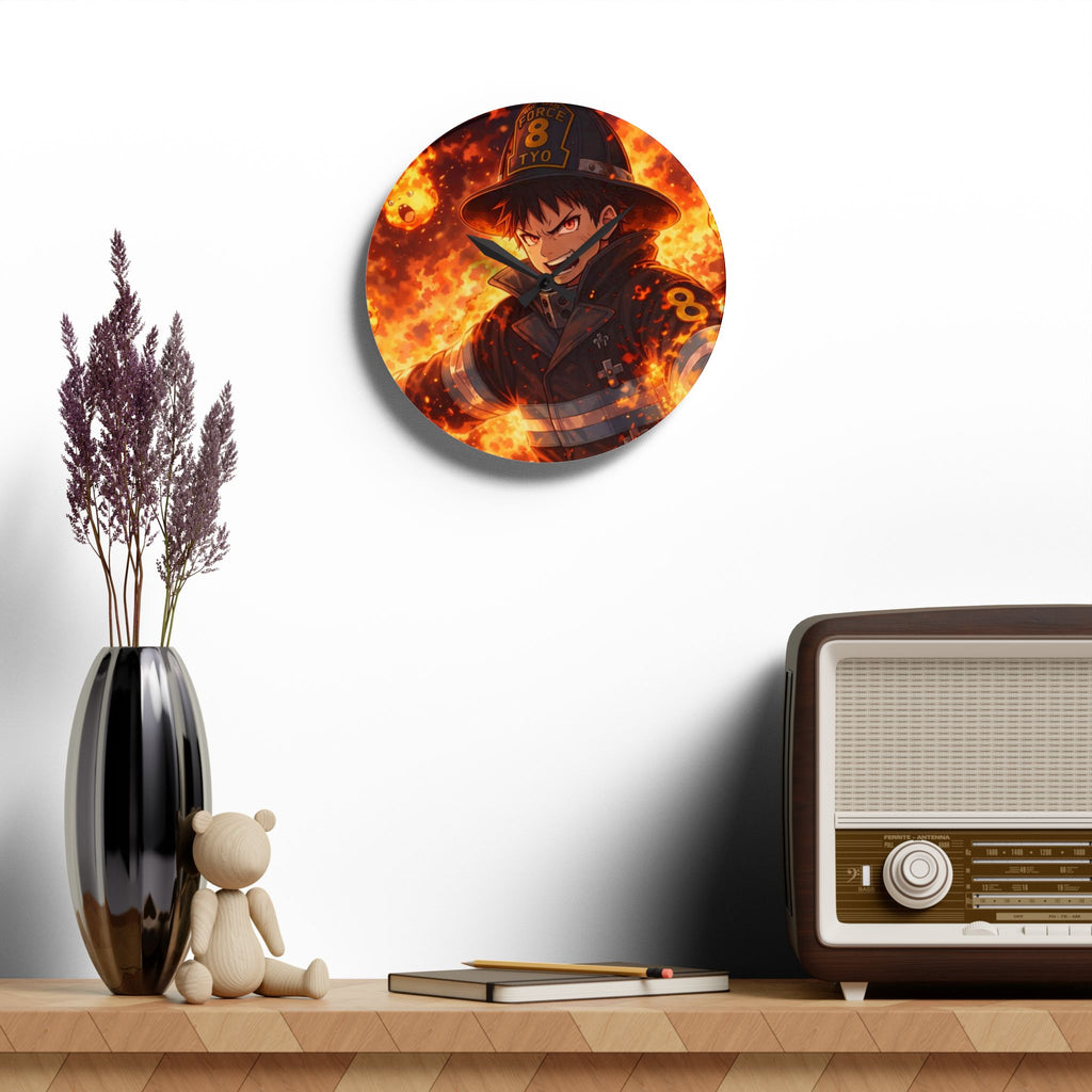 Flaming Firefighter Anime Acrylic Wall Clock | Squad 8