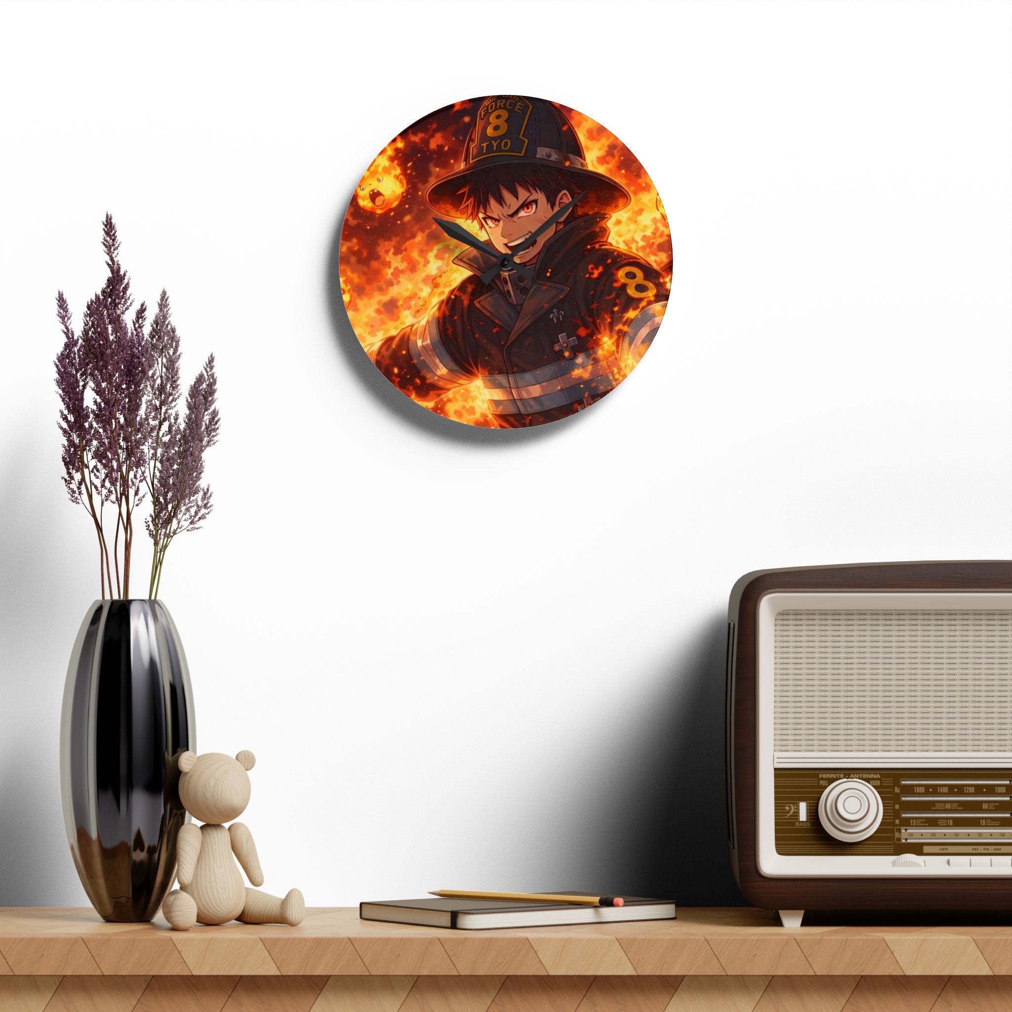 Flaming Firefighter Anime Acrylic Wall Clock | Squad 8