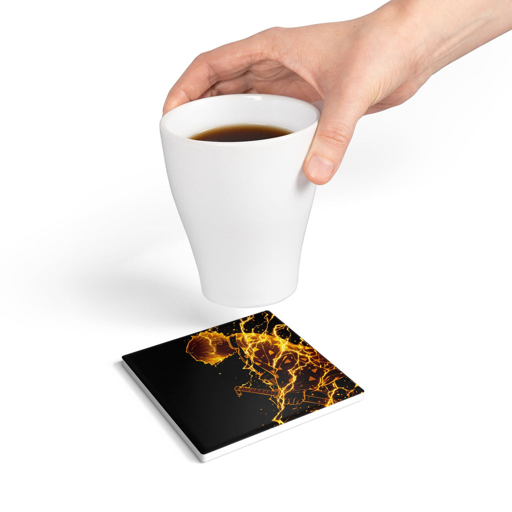 Flaming Samurai Silhouette Ceramic Coaster | Anime Sword Scene