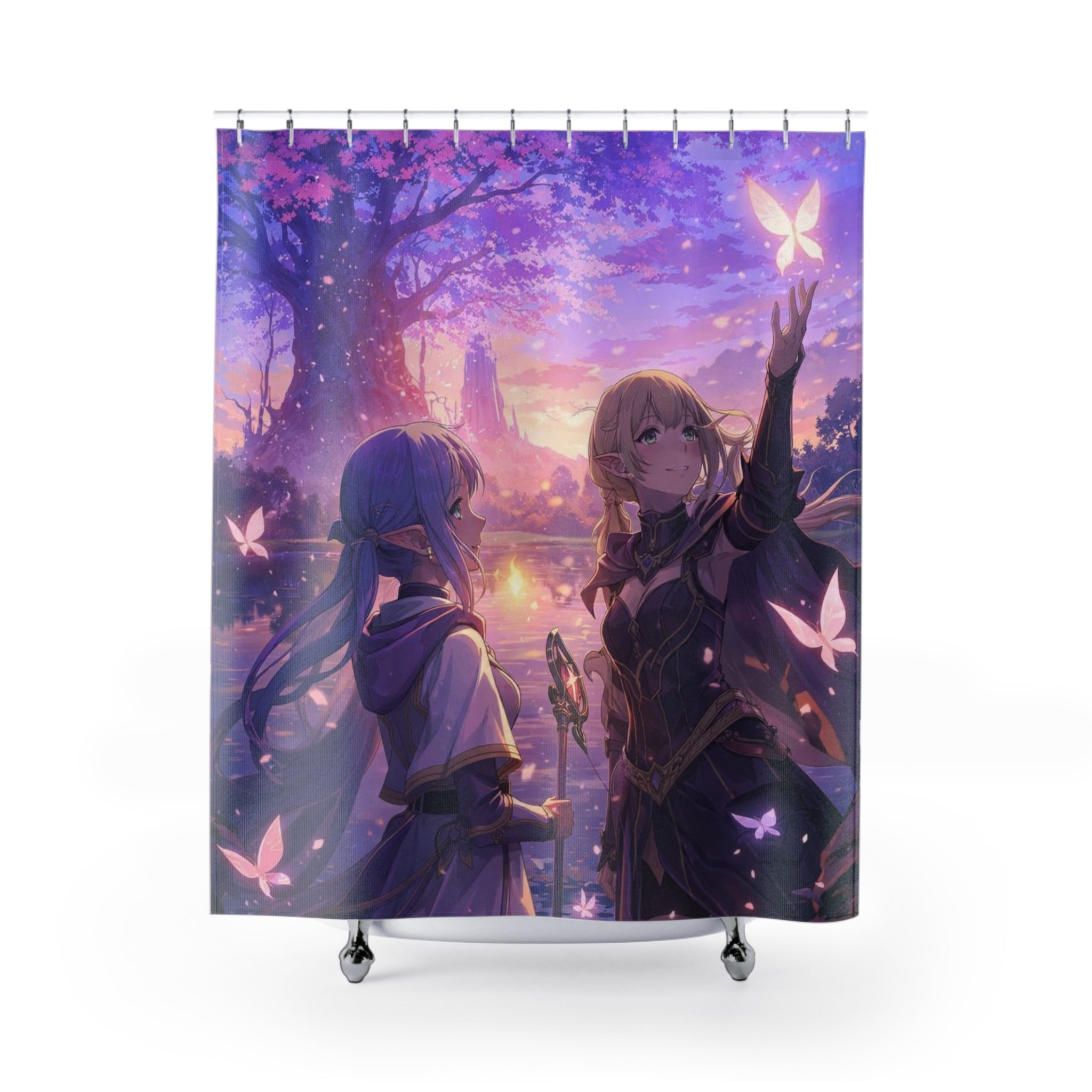Anime Fantasy Shower Curtain – Twilight Forest Scene with Butterflies