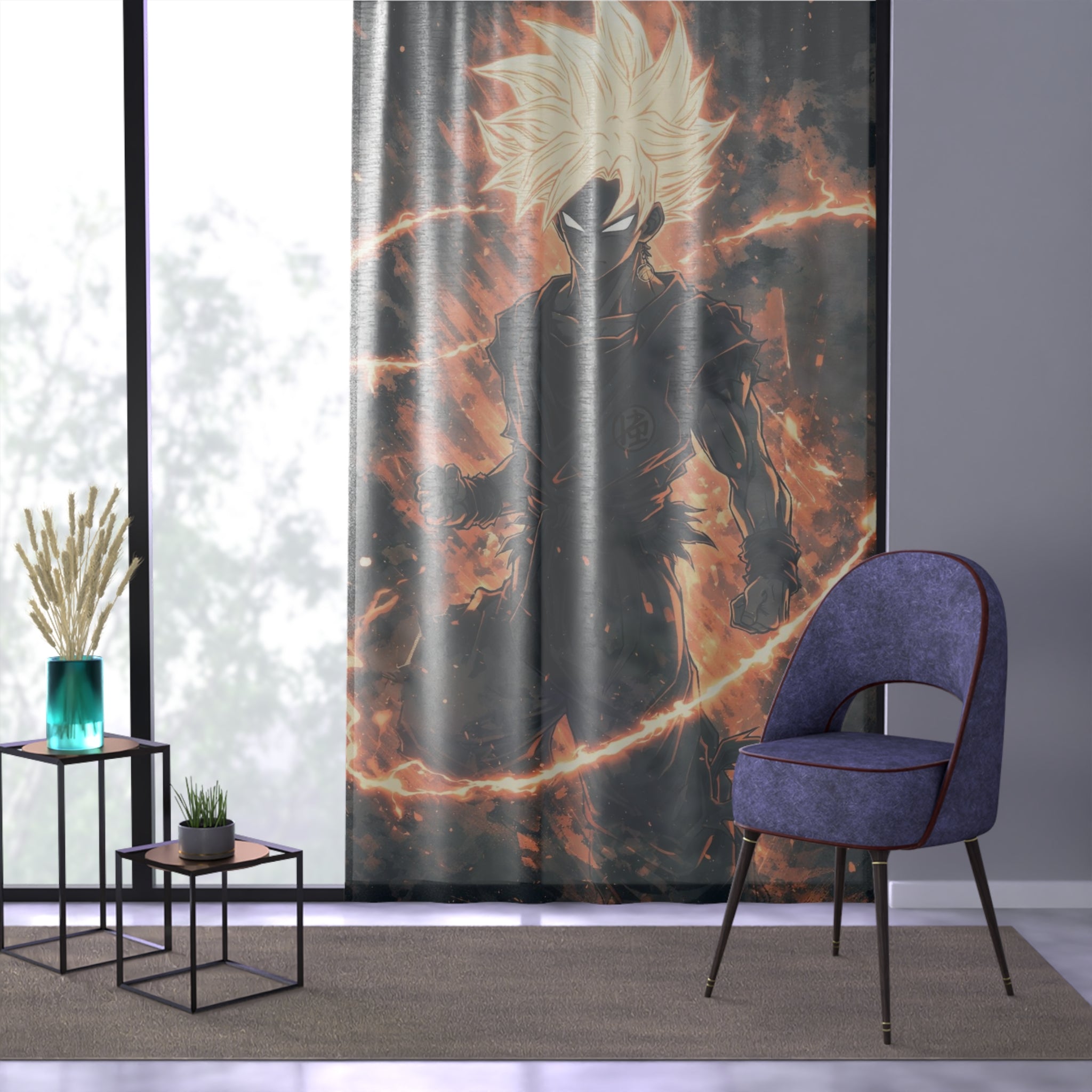 Flaming Superpowered Silhouette Window Curtain | Anime Energy Scene