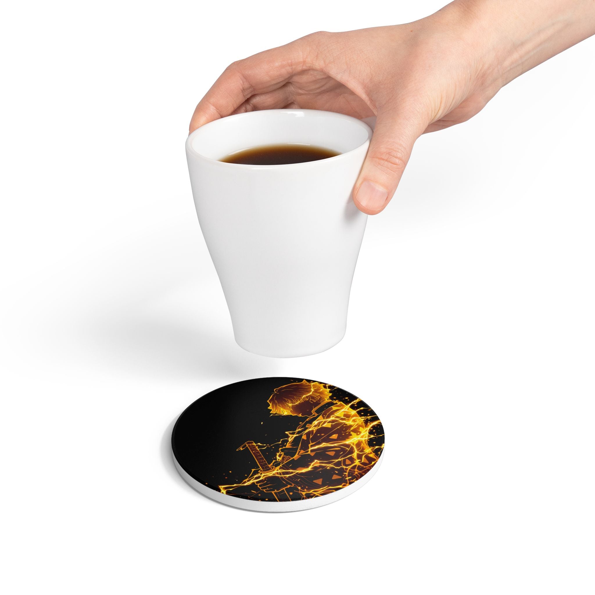 Flaming Samurai Silhouette Ceramic Coaster | Anime Sword Scene