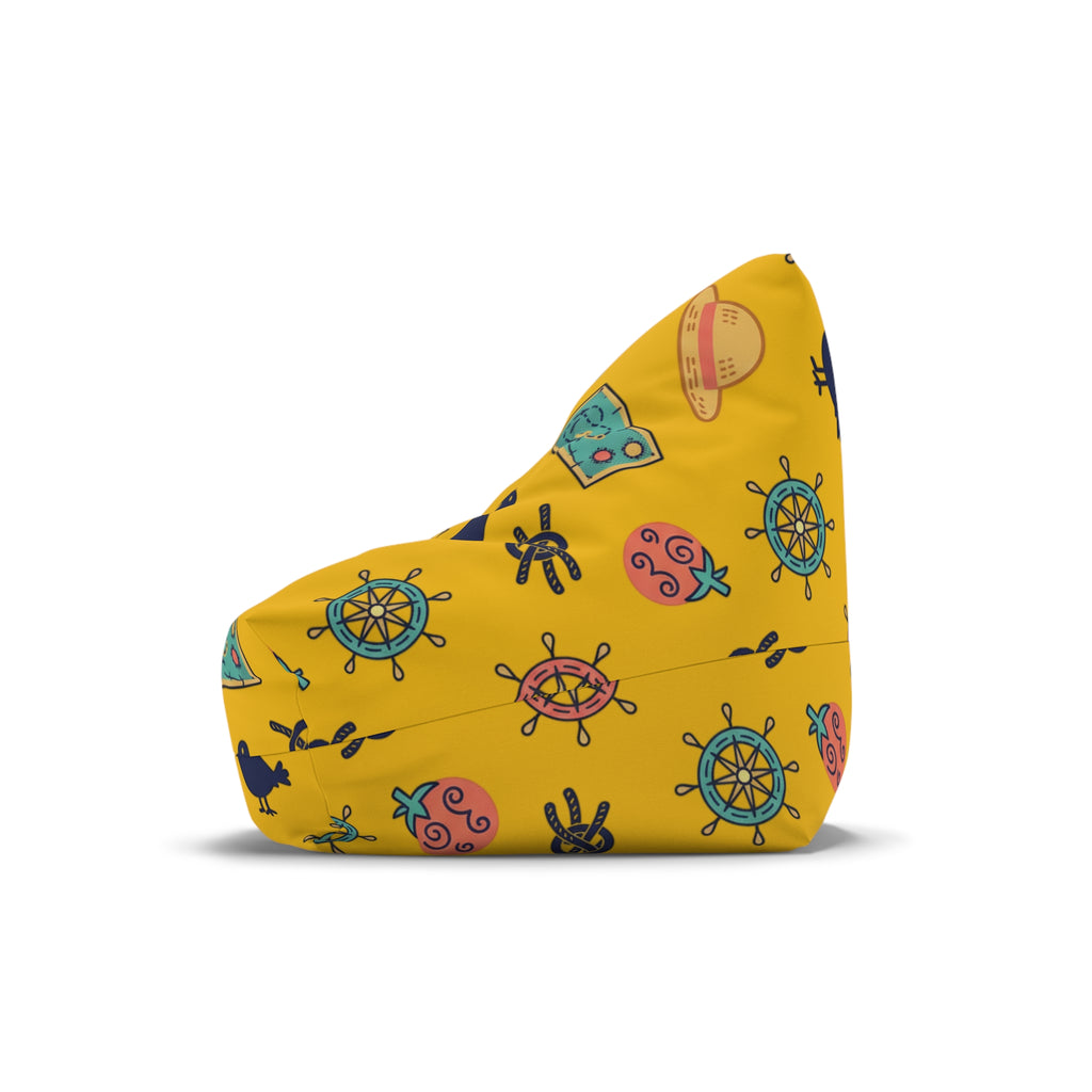 Nautical Treasure Yellow Bean Bag Cover — Pirate Map, Ship Wheel & Chest Pattern