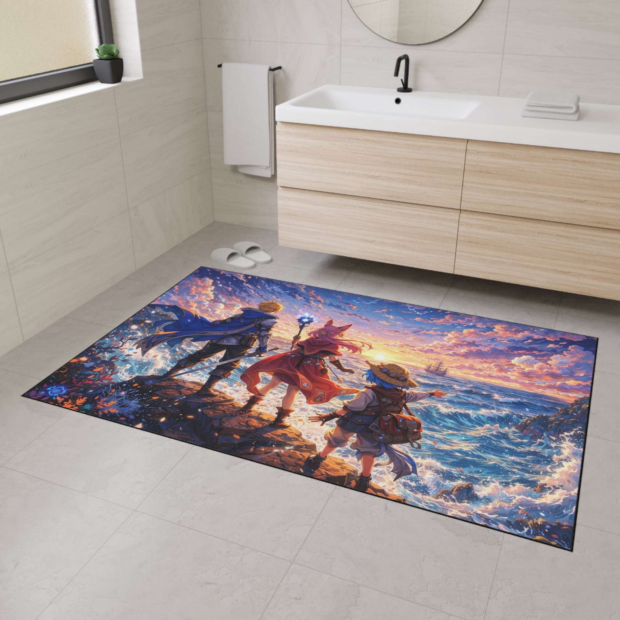 Sunset Adventure Party Heavy Duty Floor Mat | Fantasy RPG Characters Seaside
