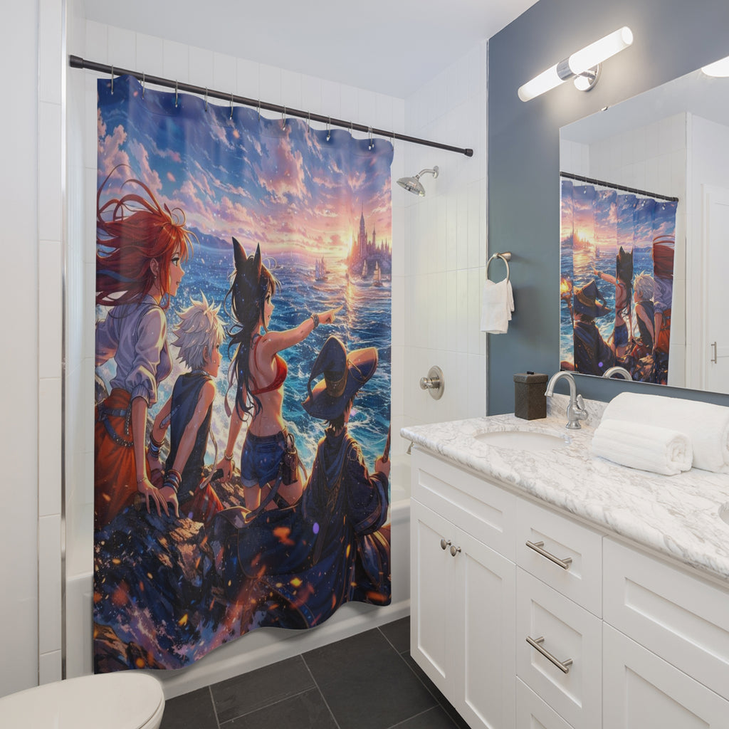 Anime Beach Sunset Crew Shower Curtain | Fantasy Ocean Scene