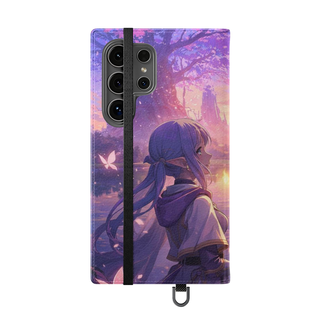 Anime Landscape Flip Phone Case — Fantasy Sunset Genshin-Style Wallet Cover