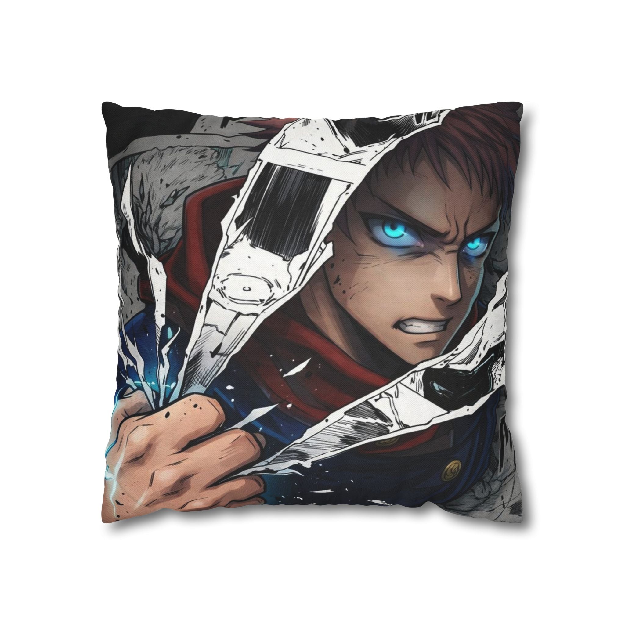 Angry Anime Warrior Spun Polyester Square Pillowcase | Blue Glowing Eyes
