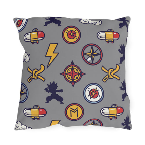 Adventure Icons Outdoor Pillow — Compass, Lightning & Explorer Patch Pattern