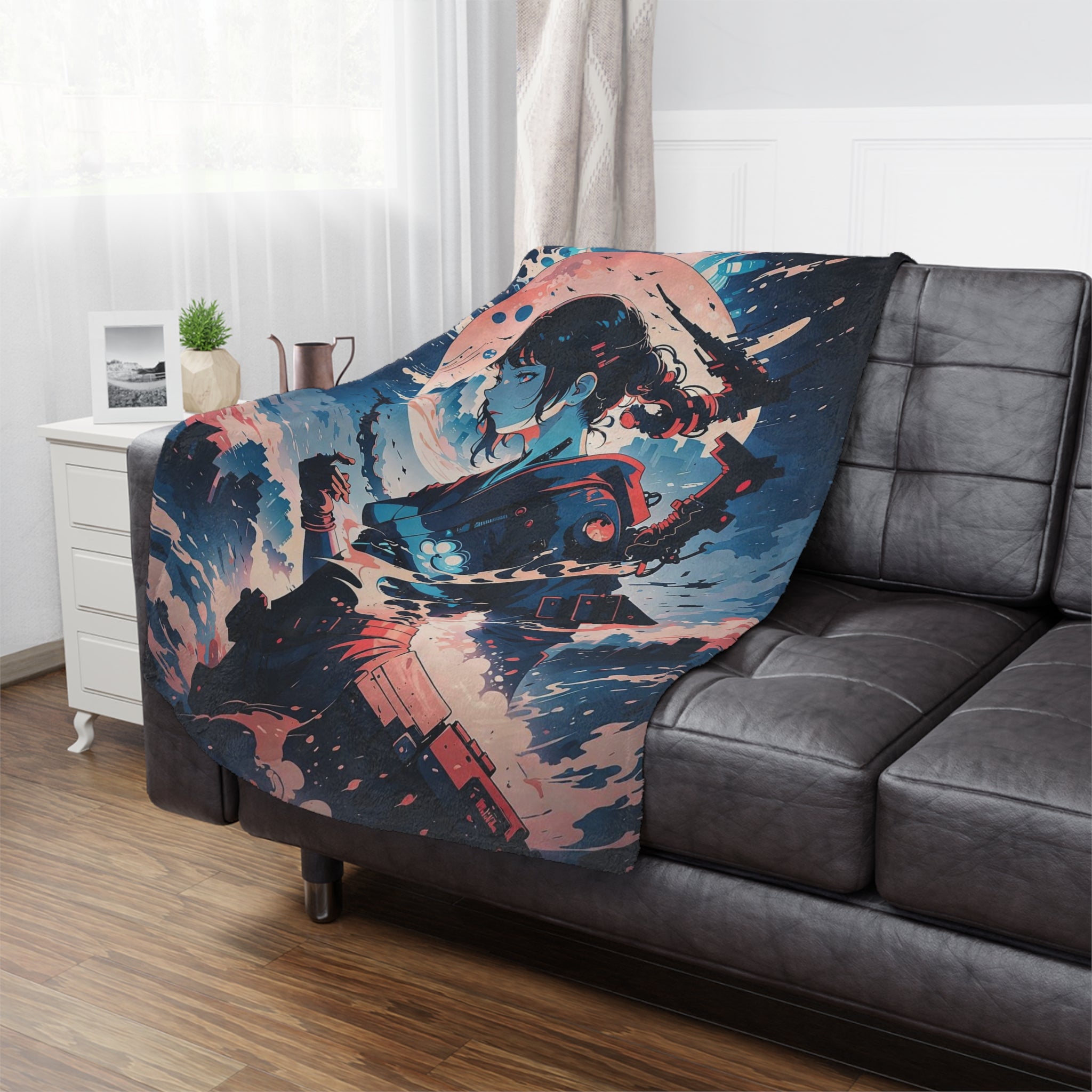 Samurai Girl Moonlight Minky Blanket | Anime Warrior Art