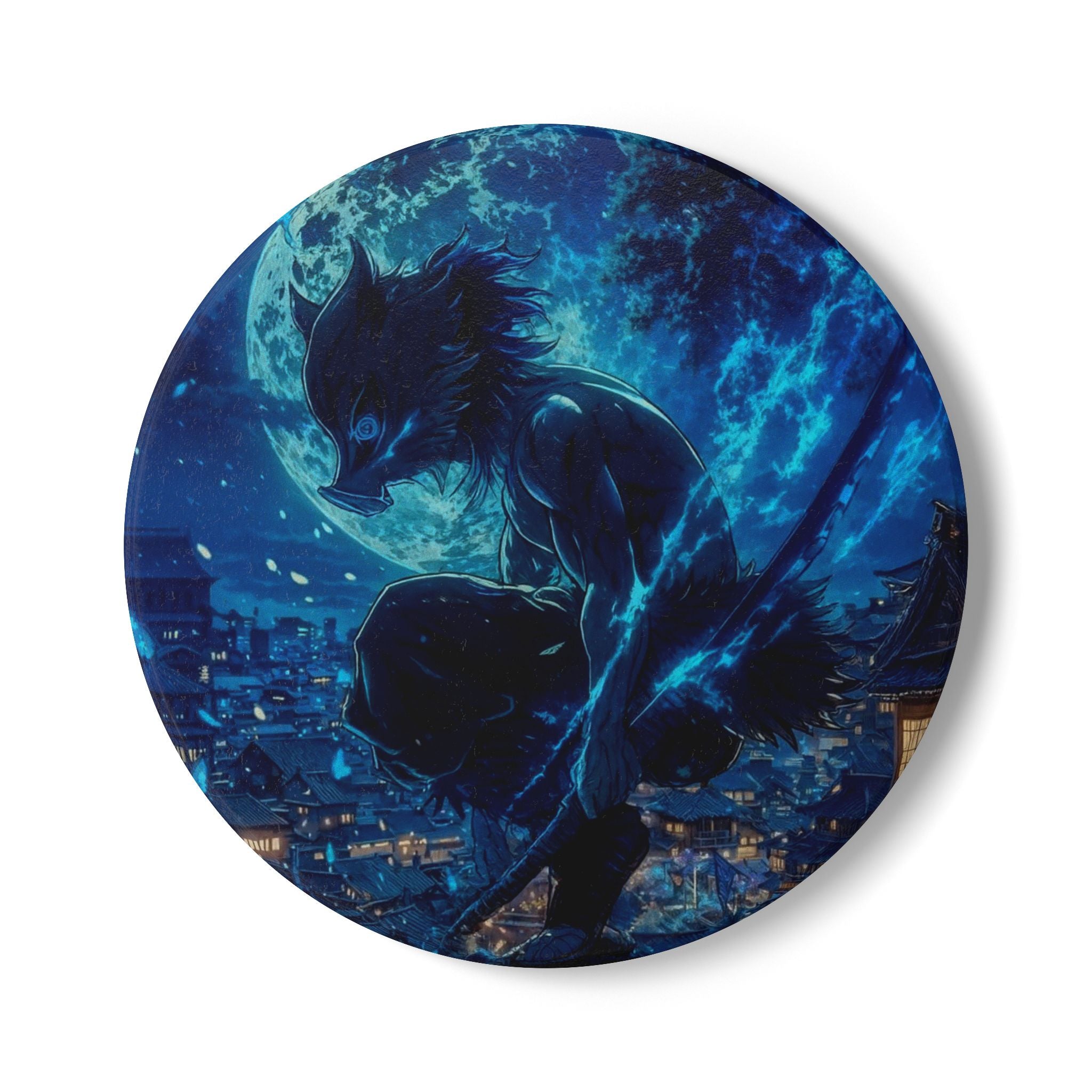 Moonlit Werewolf Ceramic Coaster | Night Skyline, Blue Fantasy