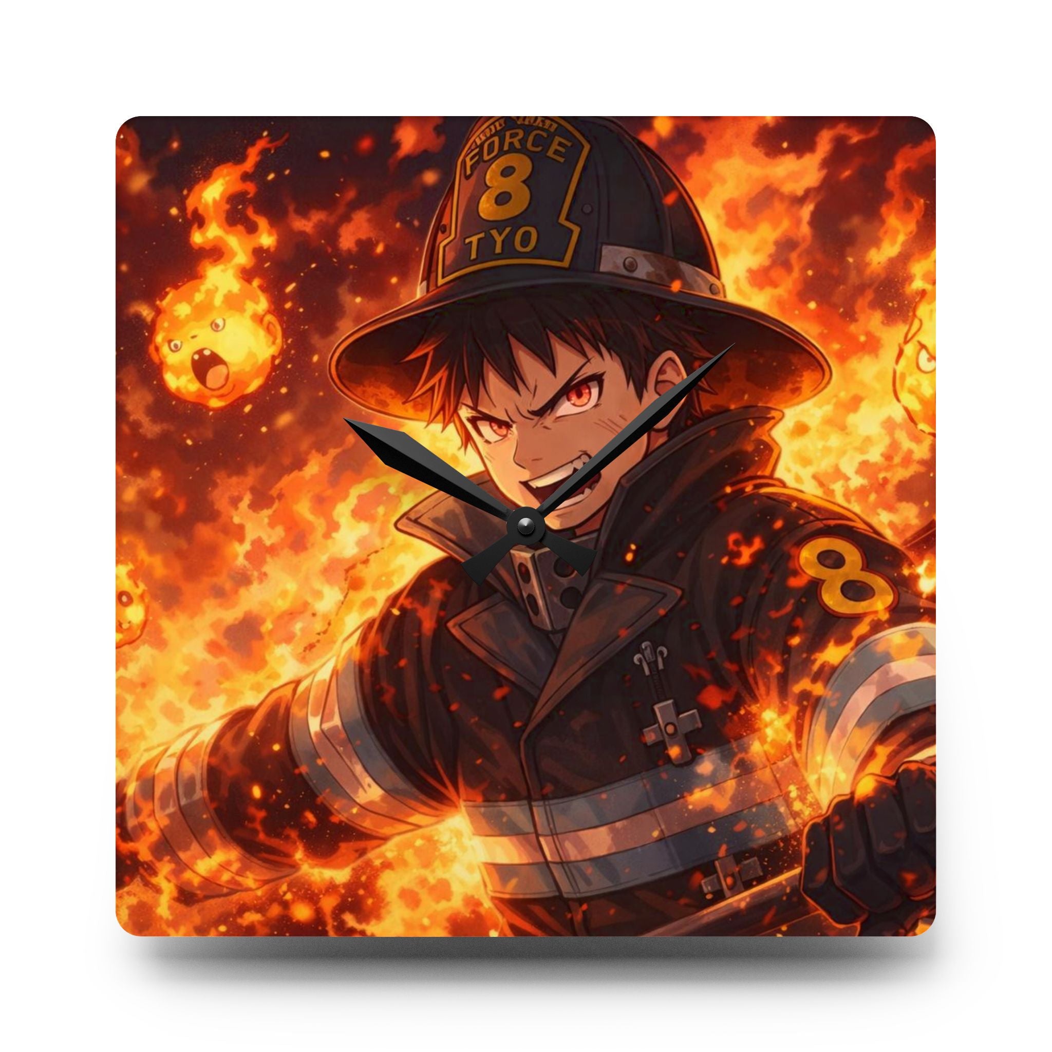 Flaming Firefighter Anime Acrylic Wall Clock | Squad 8