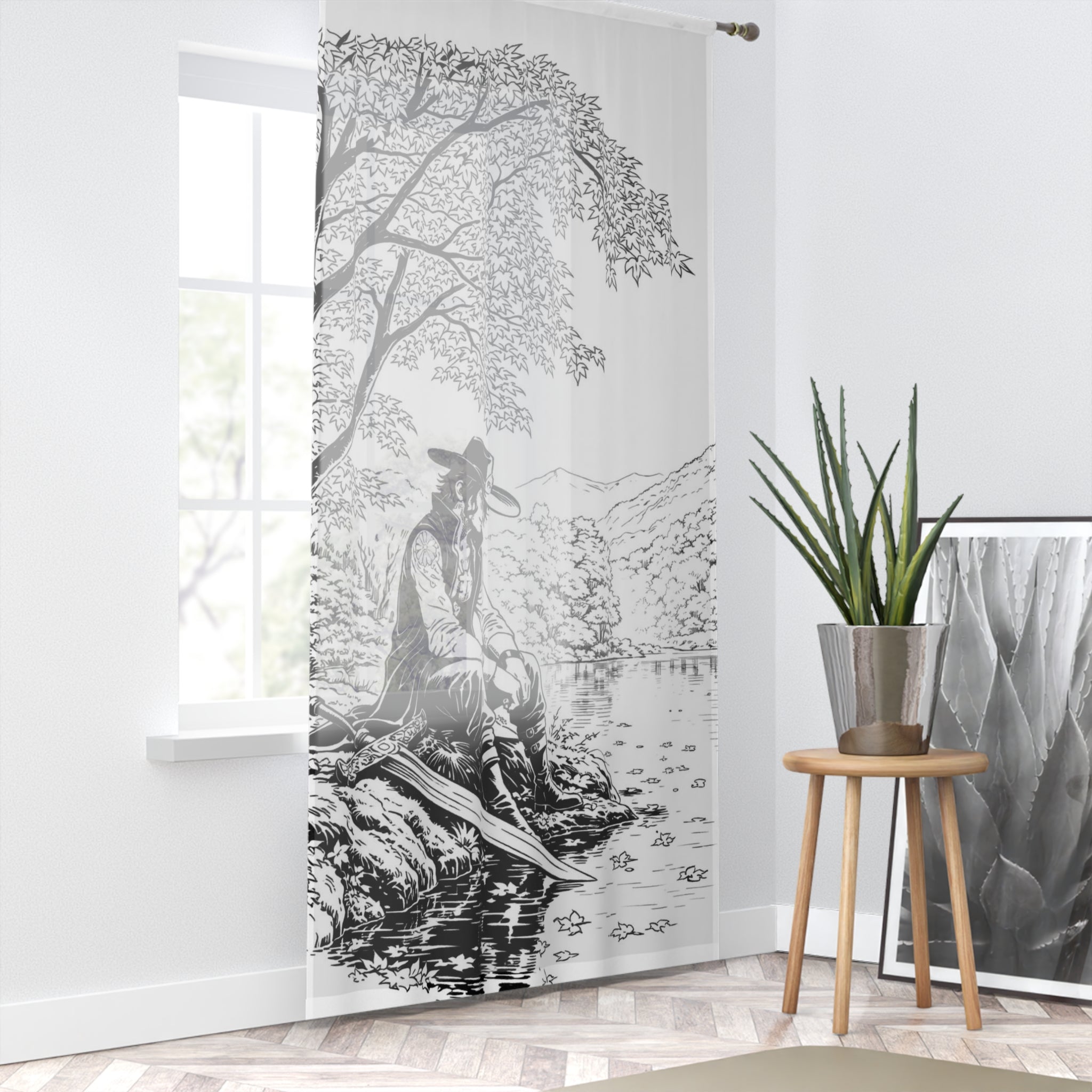 Cowboy Sitting by Lake Window Curtain | Monochrome Western Scene