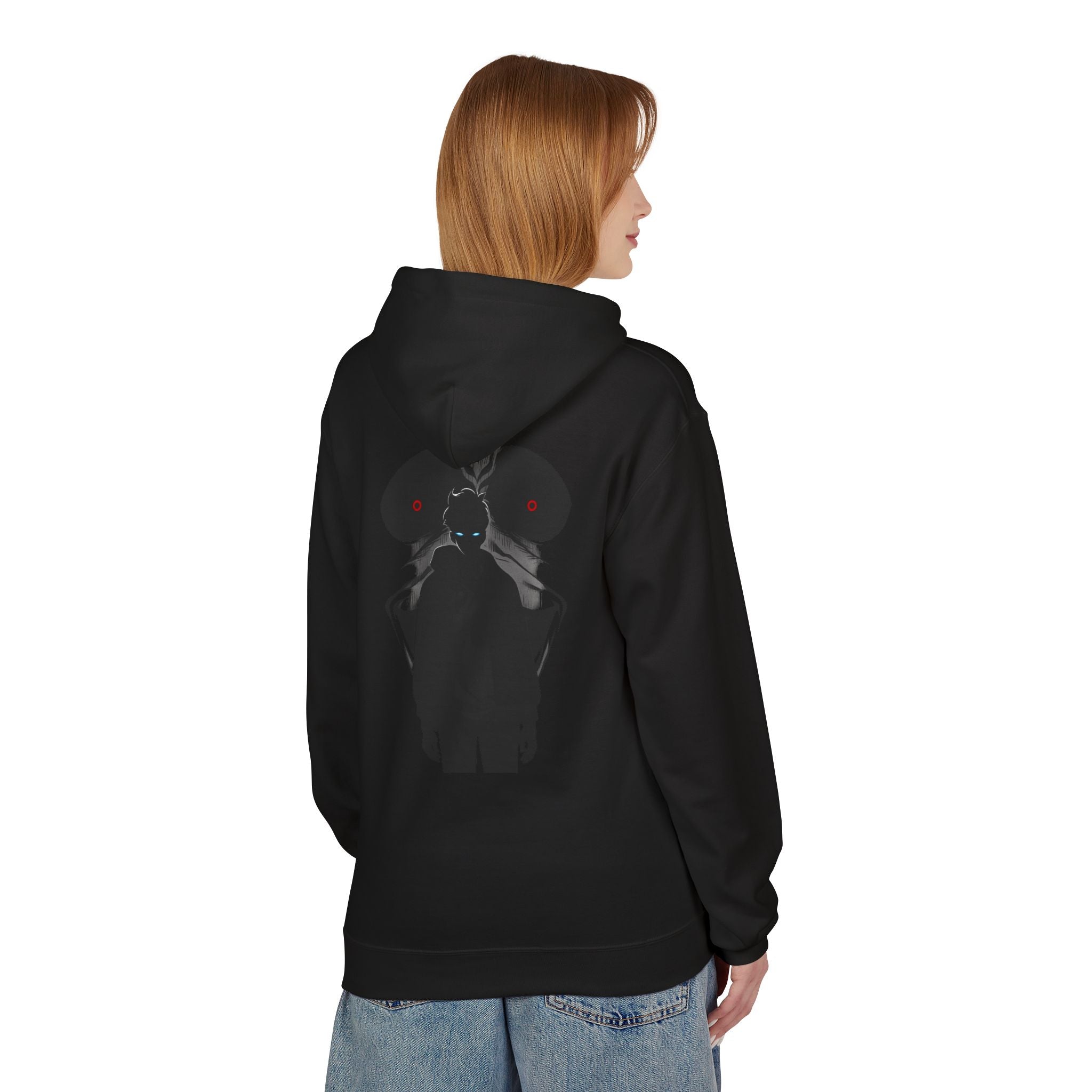 Solo Leveling silhouette design Hoodie | dark anime backprint, small chest logo