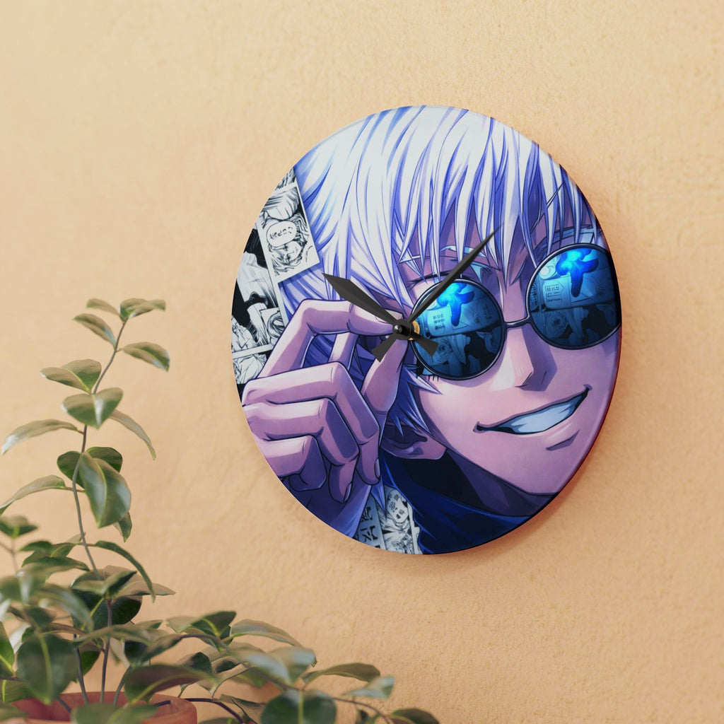 Anime Smiling Silver-Haired Character Acrylic Wall Clock | Manga Panel Background