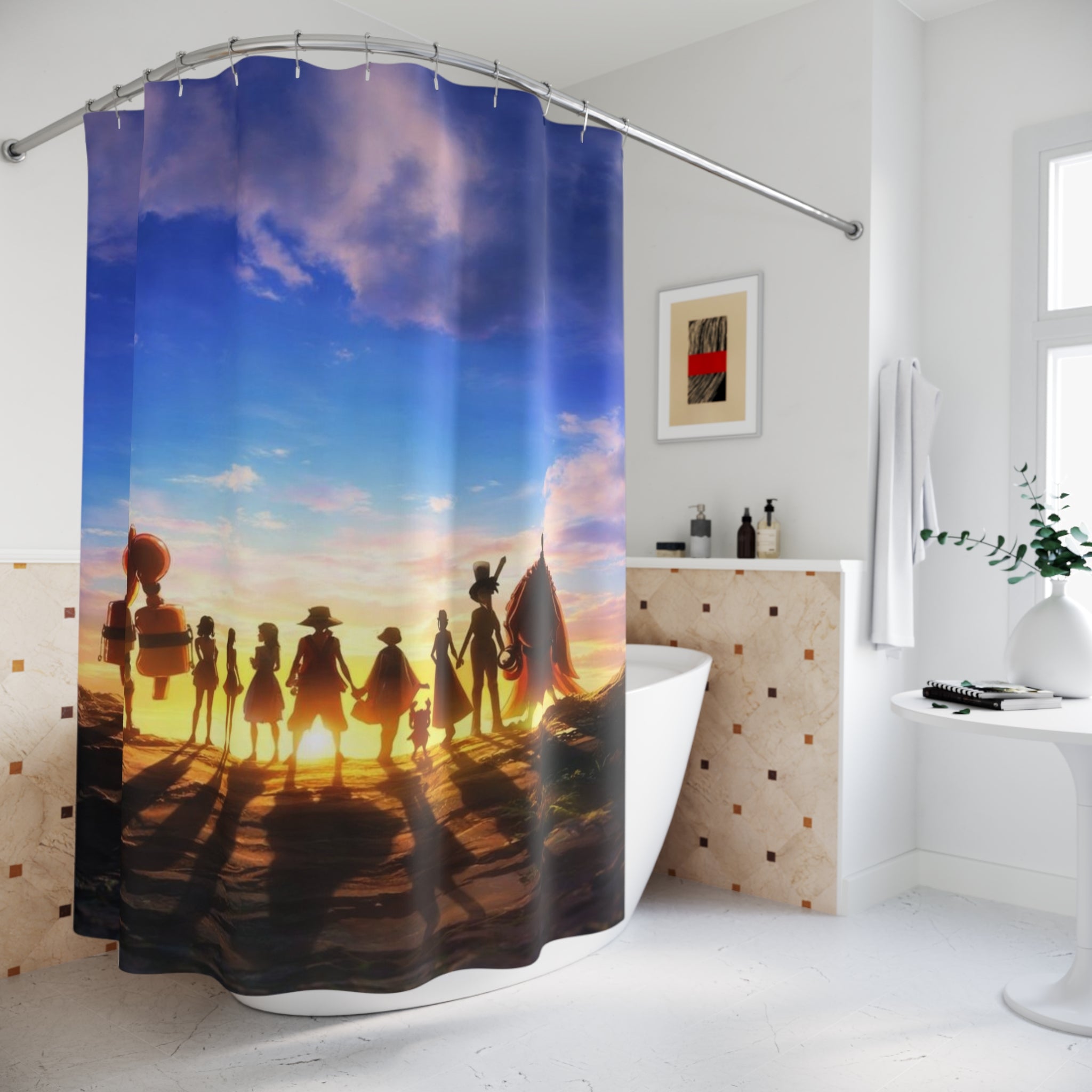 Silhouetted Crew at Sunset Shower Curtain | Ocean Sky Adventure Scene