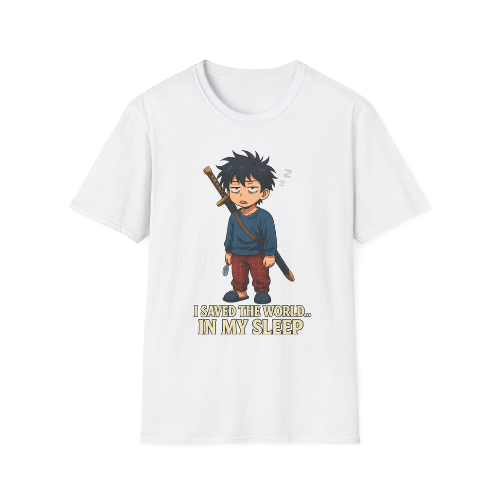 I Saved the World... In My Sleep Unisex Softstyle T-Shirt | Perfect for Sleep Lovers, Casual Wear, Gifts, Anime Fans, Fun Tee