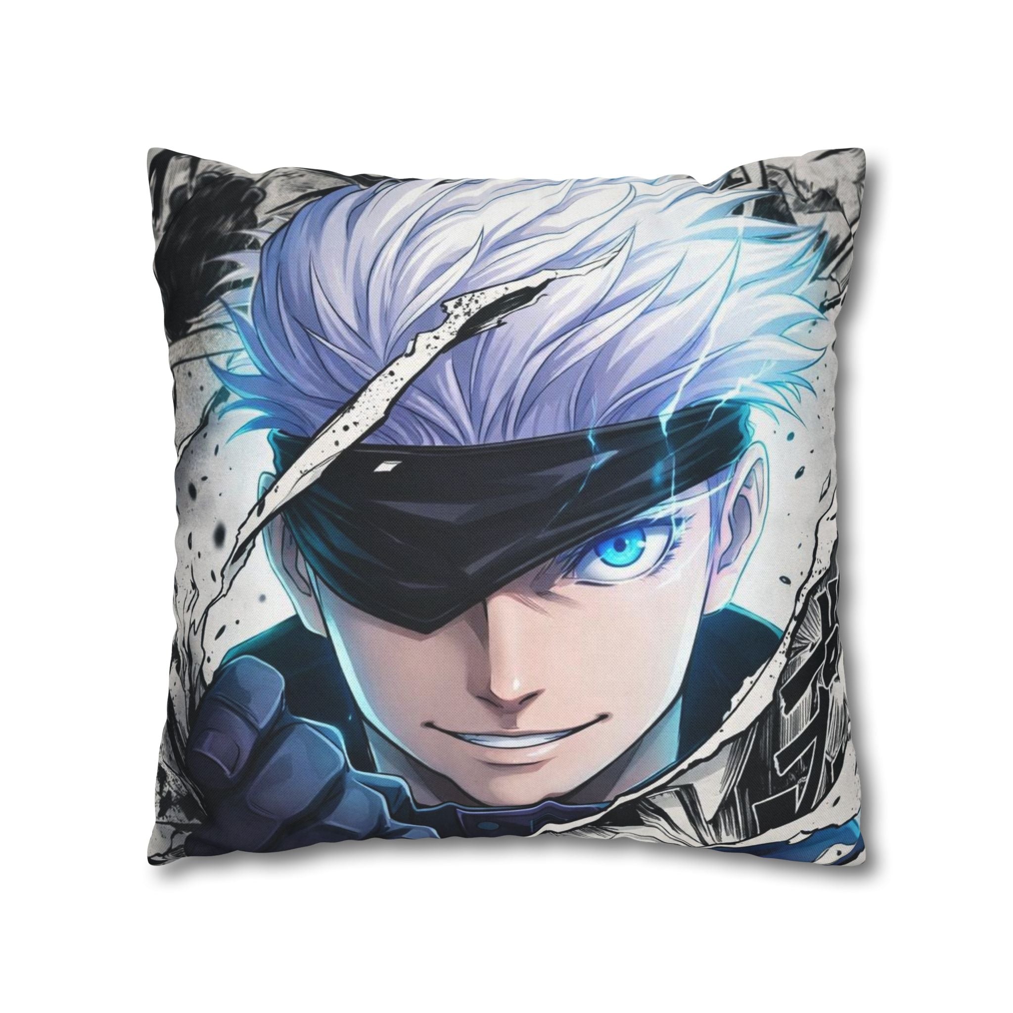 Angry Anime Warrior Spun Polyester Square Pillowcase | Blue Glowing Eyes