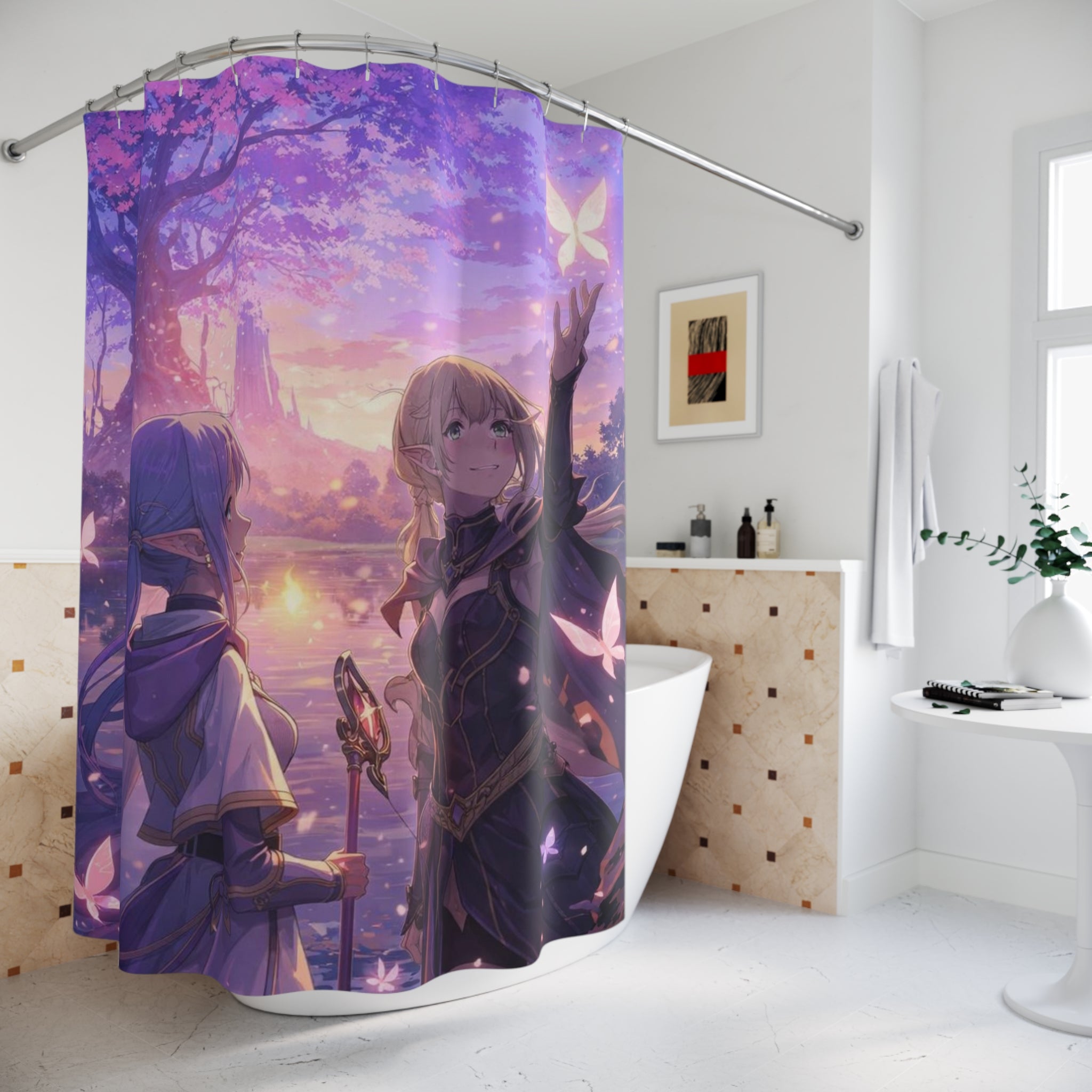 Anime Fantasy Shower Curtain – Twilight Forest Scene with Butterflies