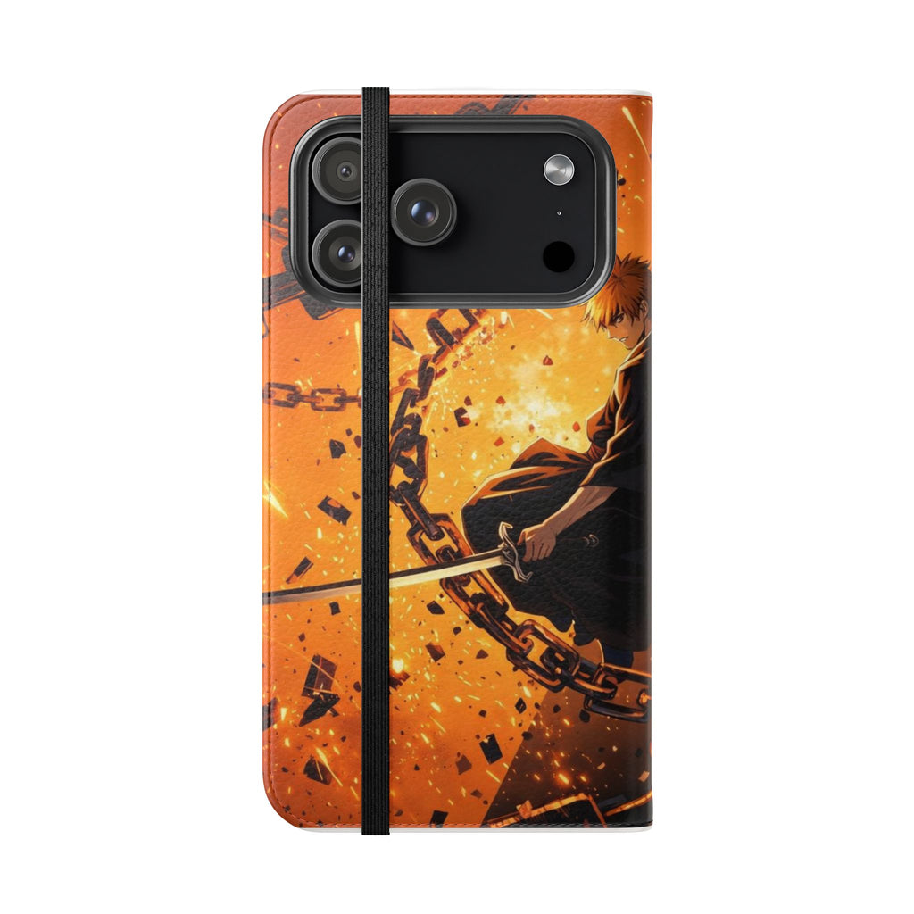 Samurai Flame Illustration Flip Phone Case - Magnetic Wallet Cover