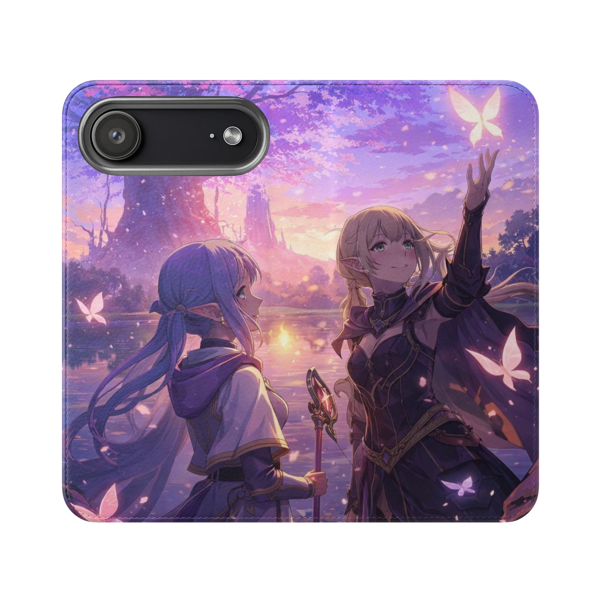 Anime Landscape Flip Phone Case — Fantasy Sunset Genshin-Style Wallet Cover