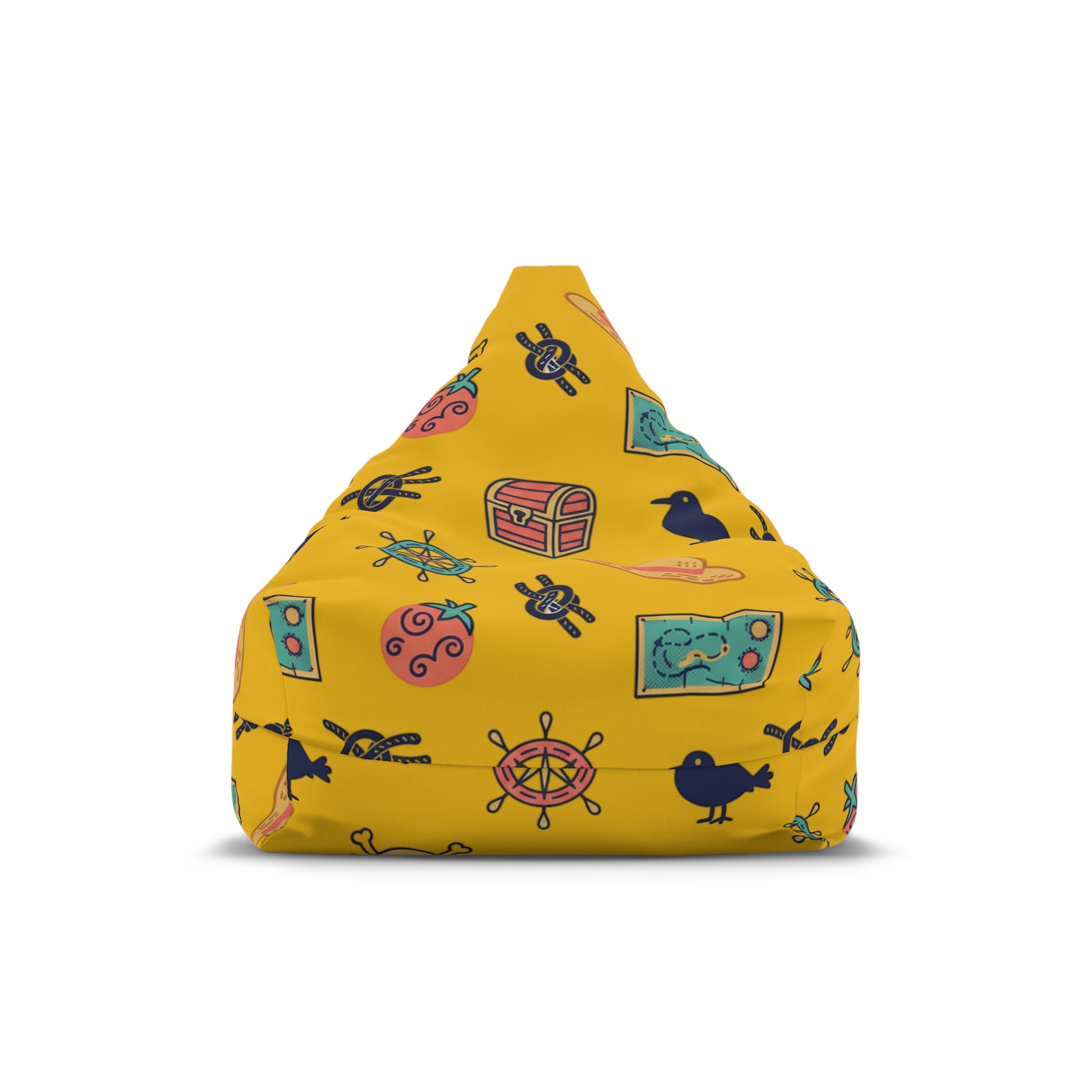 Nautical Treasure Yellow Bean Bag Cover — Pirate Map, Ship Wheel & Chest Pattern